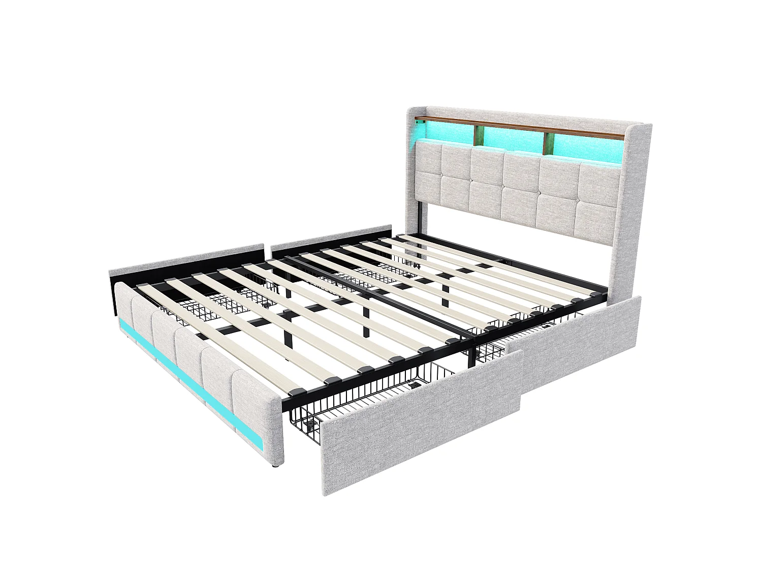 Lit Double rembourré 140x190 cm, avec éclairage LED, Lit Coffre avec 4 tiroirs, tête de lit avec 2 USB, 1 Type C, sommier à Lattes, Lin, Beige
