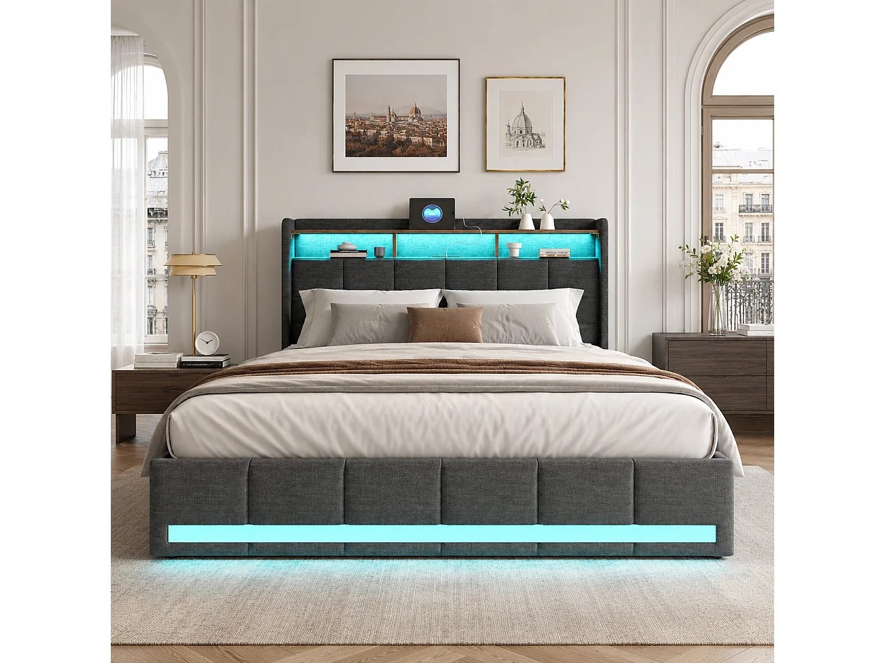 Lit Double rembourré 140x190 cm, avec éclairage LED, Lit Coffre avec 4 tiroirs, tête de lit avec 2 USB, 1 Type C, sommier à Lattes, Lin, Beige