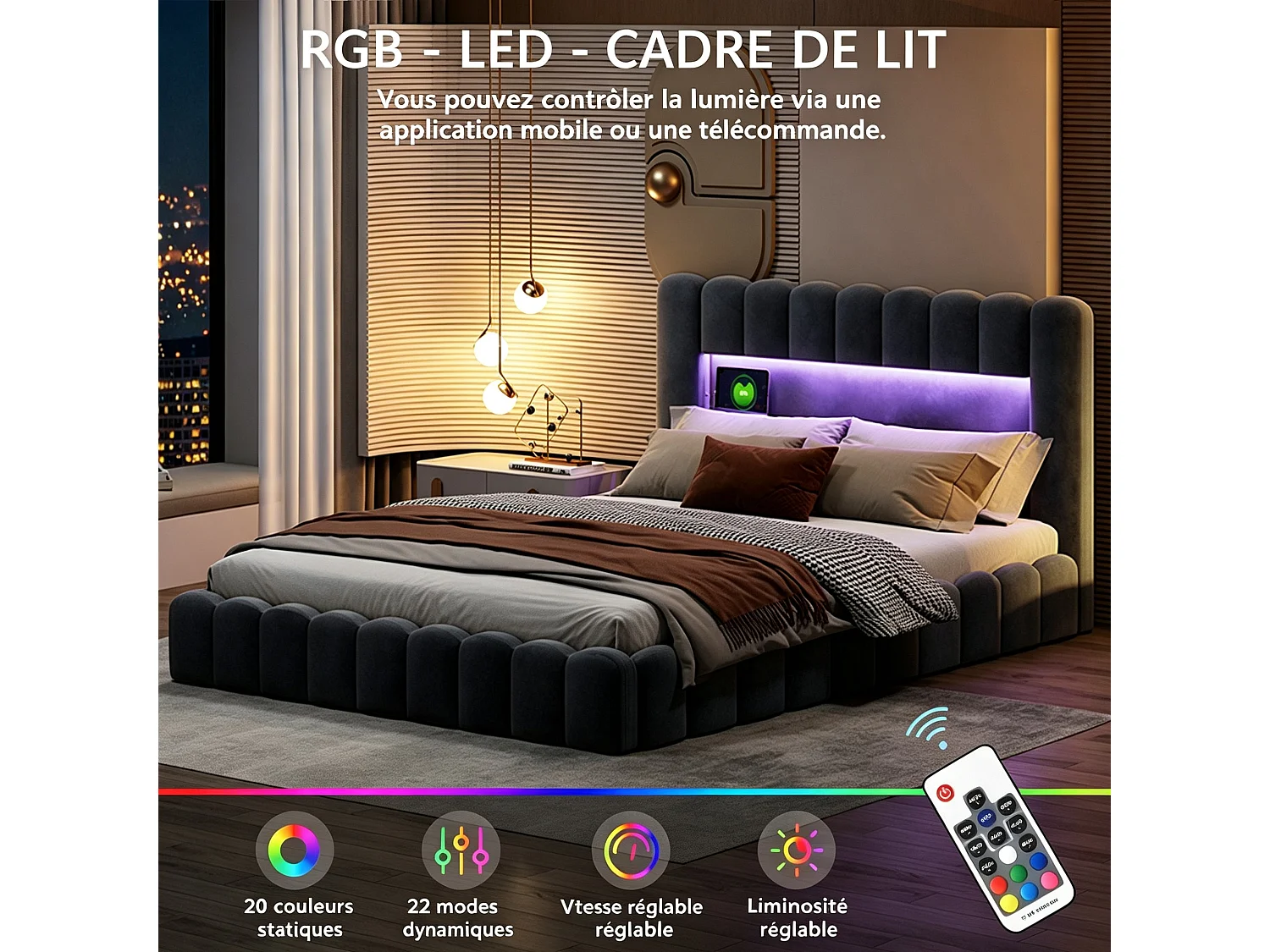 Lit Coffre 160x200 avec LED et USB,Lit Hydraulique Double avec Étagères Ouvertes et Rangement Caché,Lit Bubble avec Sommier à Lattes,Lits 2 Personnes,Lin Gris foncé