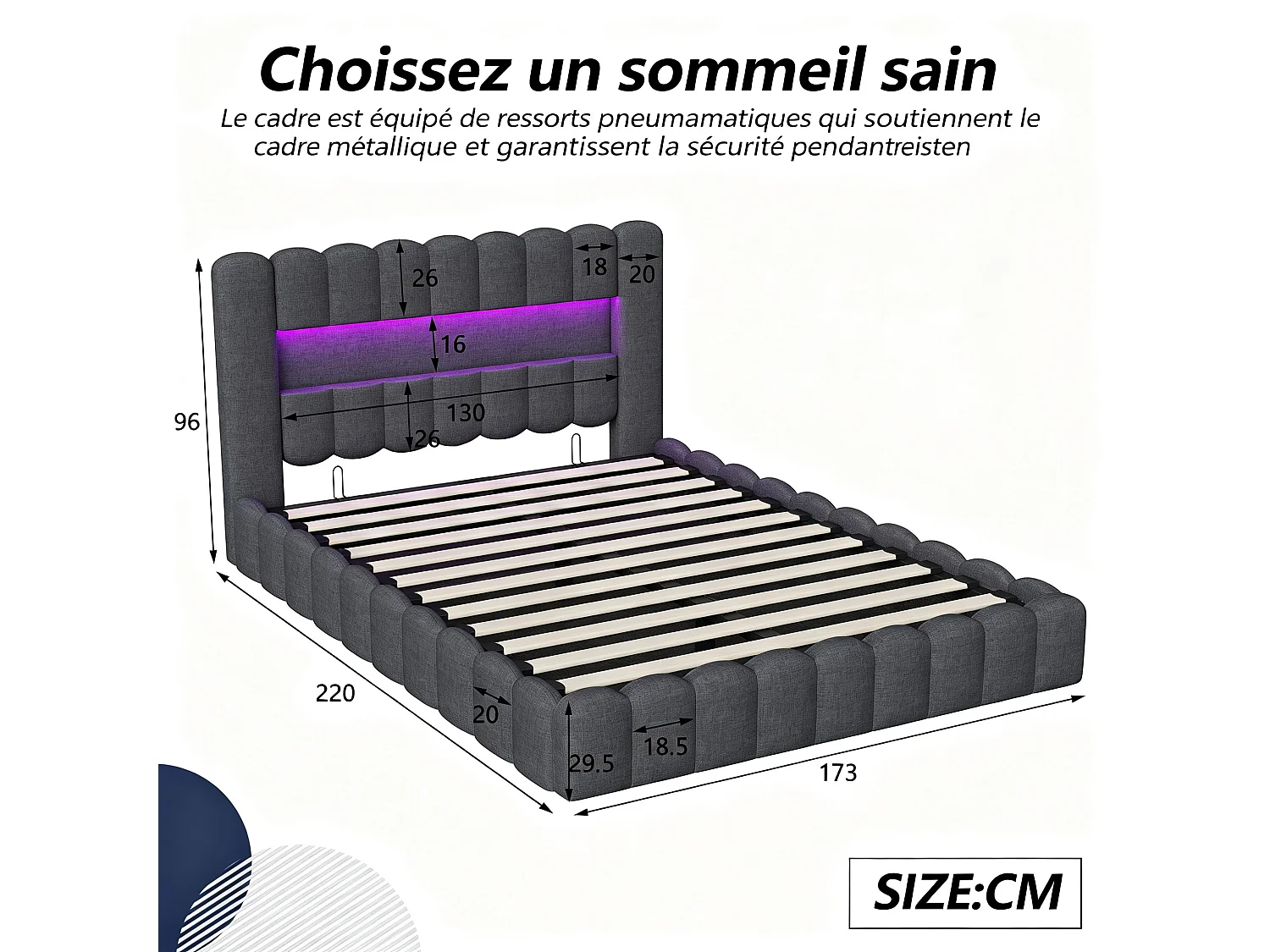 Lit Coffre 160x200 avec LED et USB,Lit Hydraulique Double avec Étagères Ouvertes et Rangement Caché,Lit Bubble avec Sommier à Lattes,Lits 2 Personnes,Lin Gris foncé