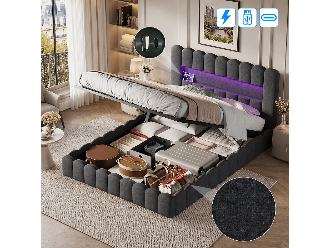 Lit Coffre 160x200 avec LED et USB,Lit Hydraulique Double avec Étagères Ouvertes et Rangement Caché,Lit Bubble avec Sommier à Lattes,Lits 2 Personnes,Lin Gris foncé