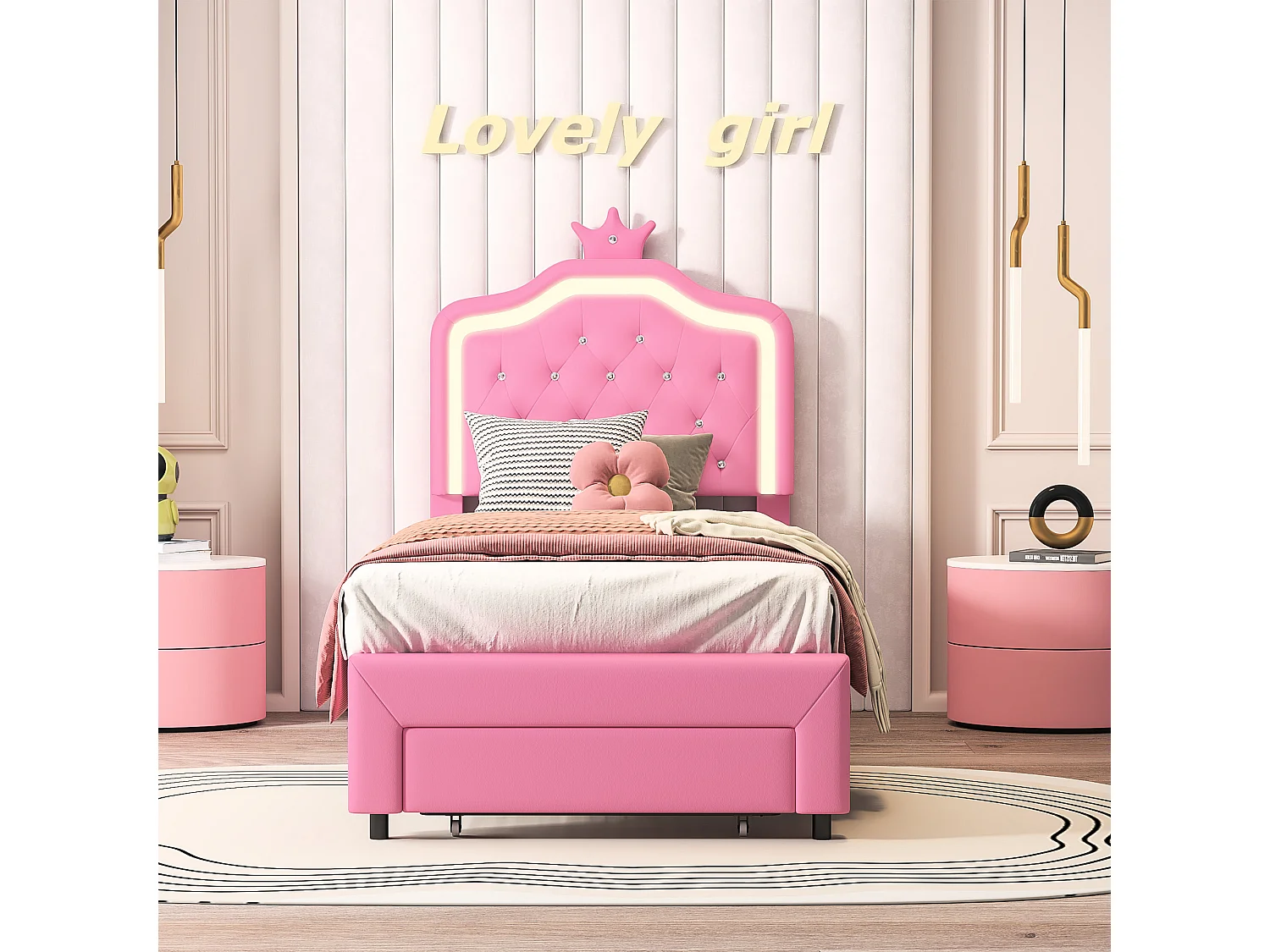 Lit Enfant Rembourré 90x200 cm avec LED, Lit Princesse Couronne, Lit Simple 90x200 avec Grand tiroir au Pied du lit et Sommier à Lattes, PU Rose