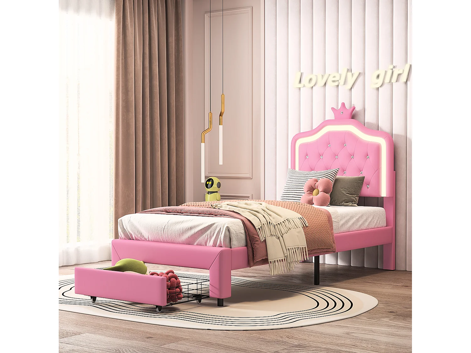 Lit Enfant Rembourré 90x200 cm avec LED, Lit Princesse Couronne, Lit Simple 90x200 avec Grand tiroir au Pied du lit et Sommier à Lattes, PU Rose