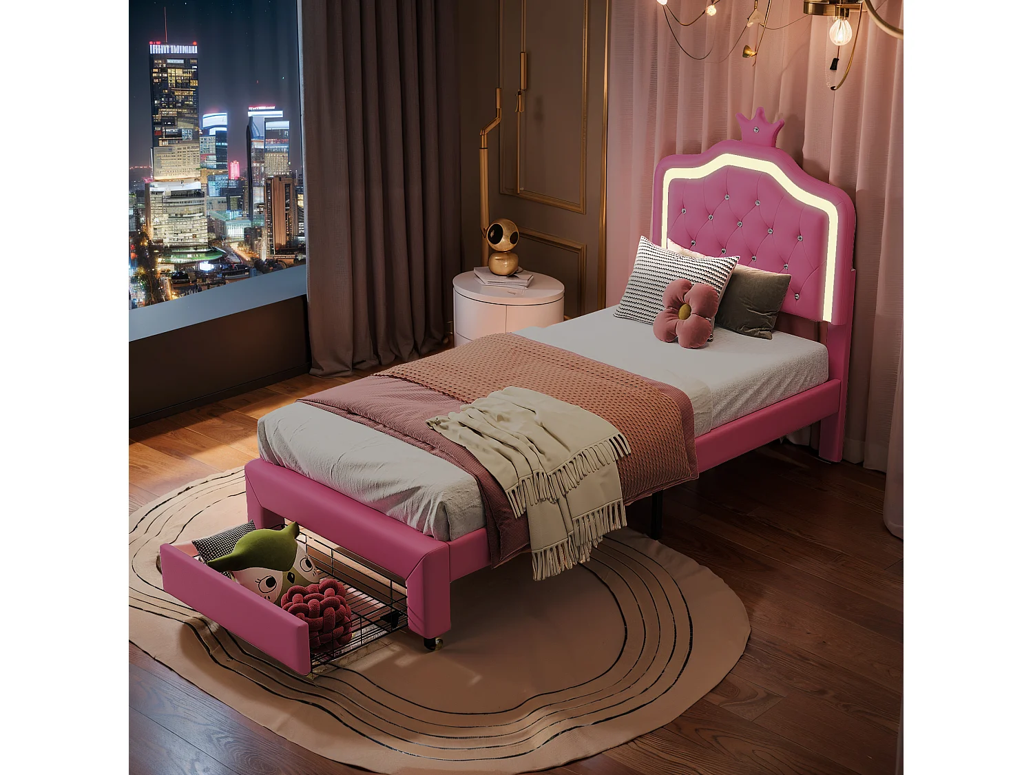 Lit Enfant Rembourré 90x200 cm avec LED, Lit Princesse Couronne, Lit Simple 90x200 avec Grand tiroir au Pied du lit et Sommier à Lattes, PU Rose