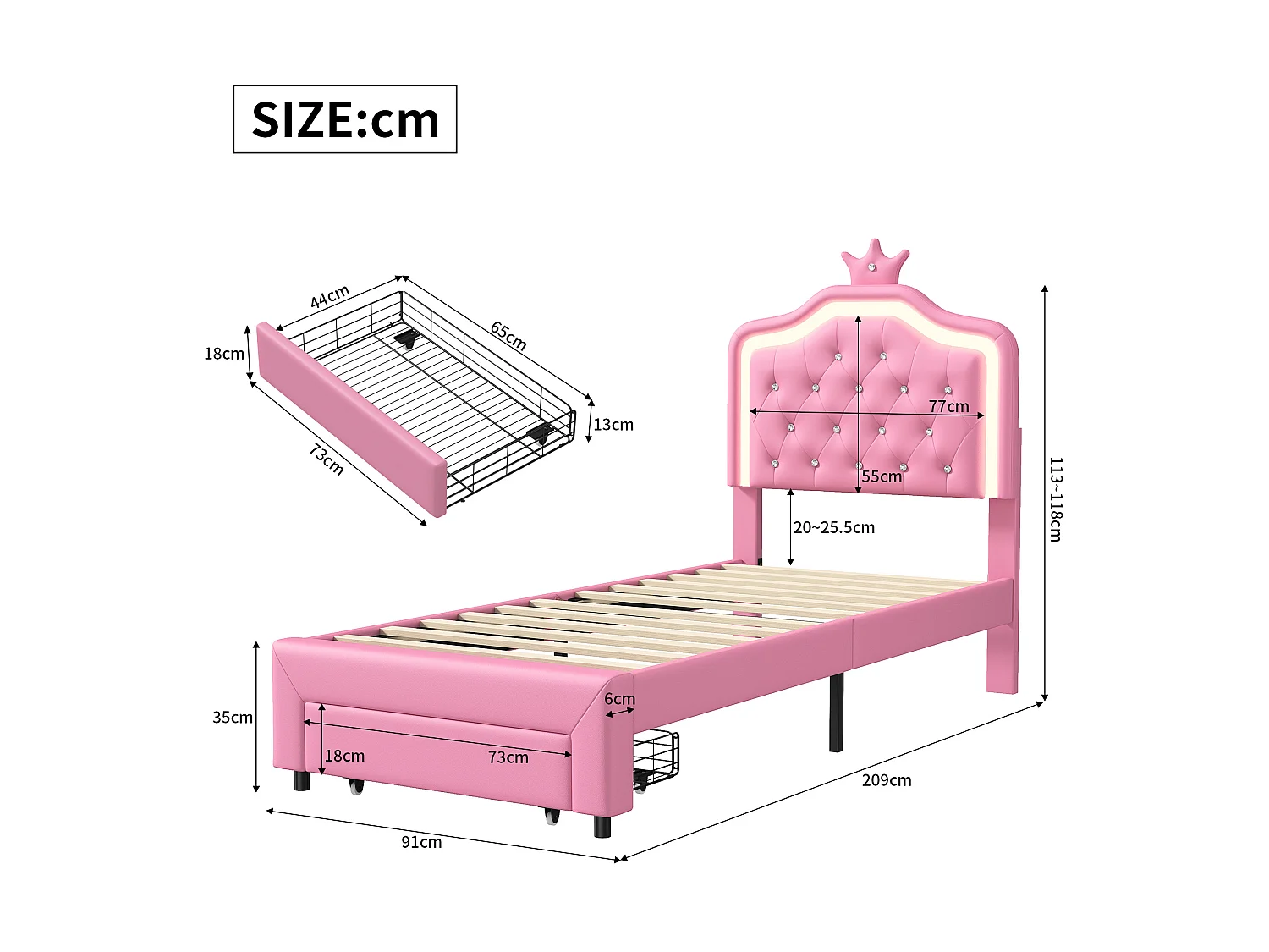 Lit Enfant Rembourré 90x200 cm avec LED, Lit Princesse Couronne, Lit Simple 90x200 avec Grand tiroir au Pied du lit et Sommier à Lattes, PU Rose
