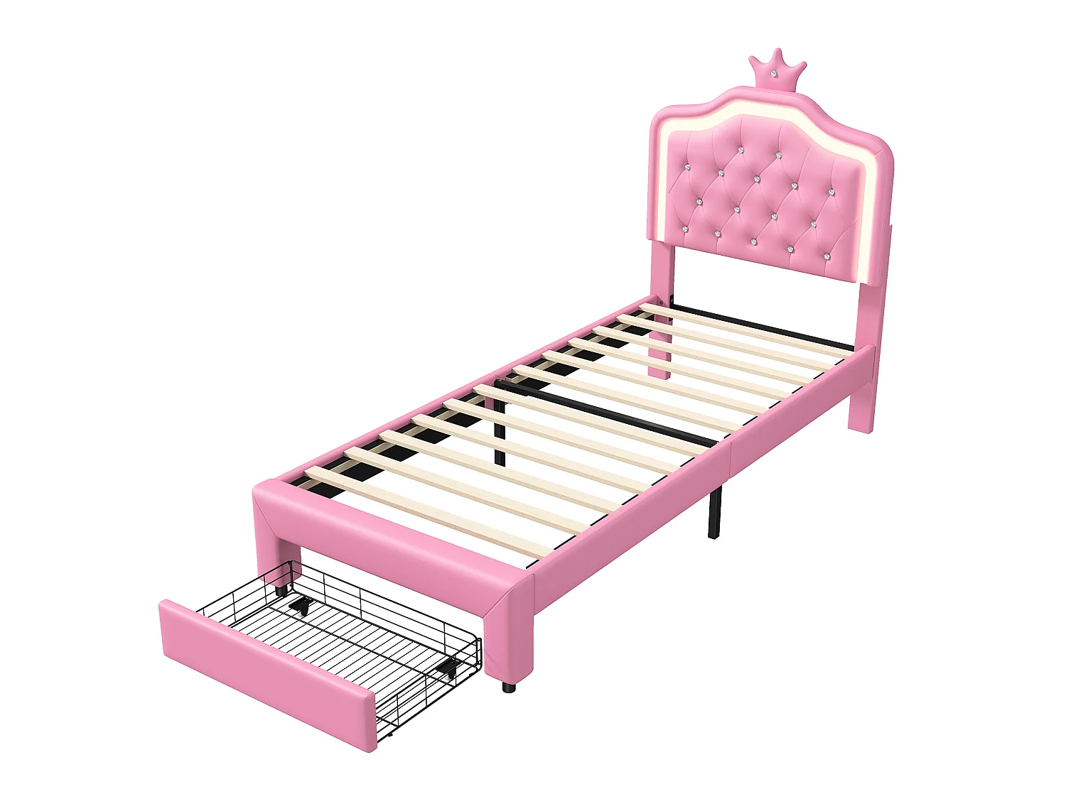 Lit Enfant Rembourré 90x200 cm avec LED, Lit Princesse Couronne, Lit Simple 90x200 avec Grand tiroir au Pied du lit et Sommier à Lattes, PU Rose