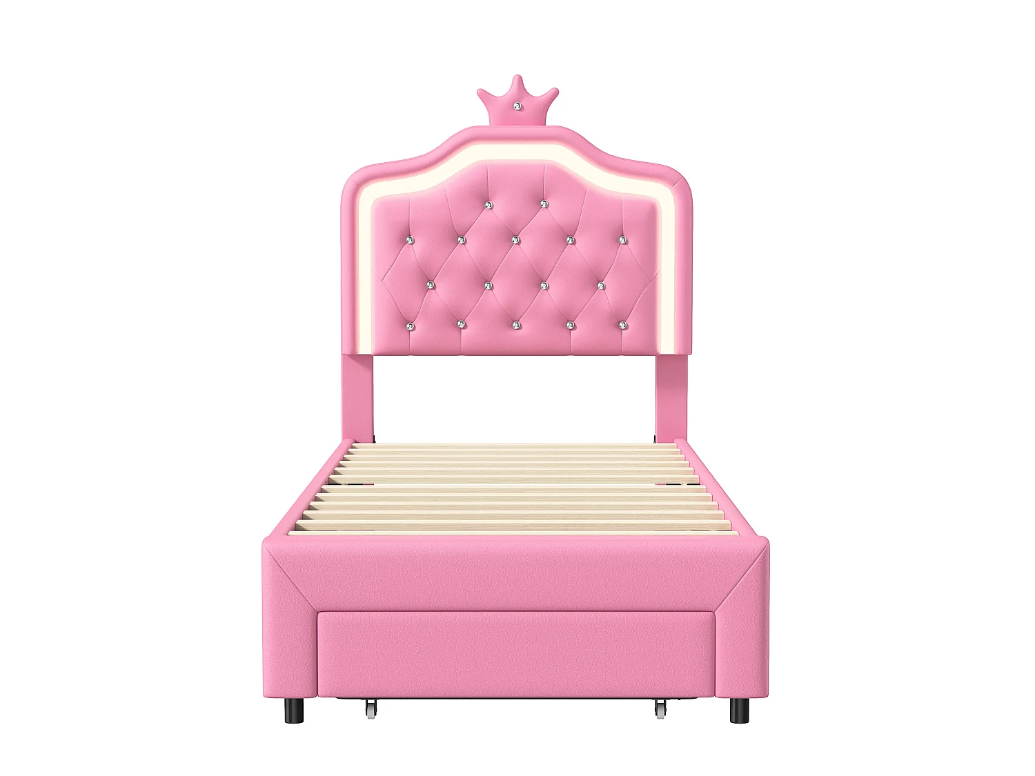 Lit Enfant Rembourré 90x200 cm avec LED, Lit Princesse Couronne, Lit Simple 90x200 avec Grand tiroir au Pied du lit et Sommier à Lattes, PU Rose