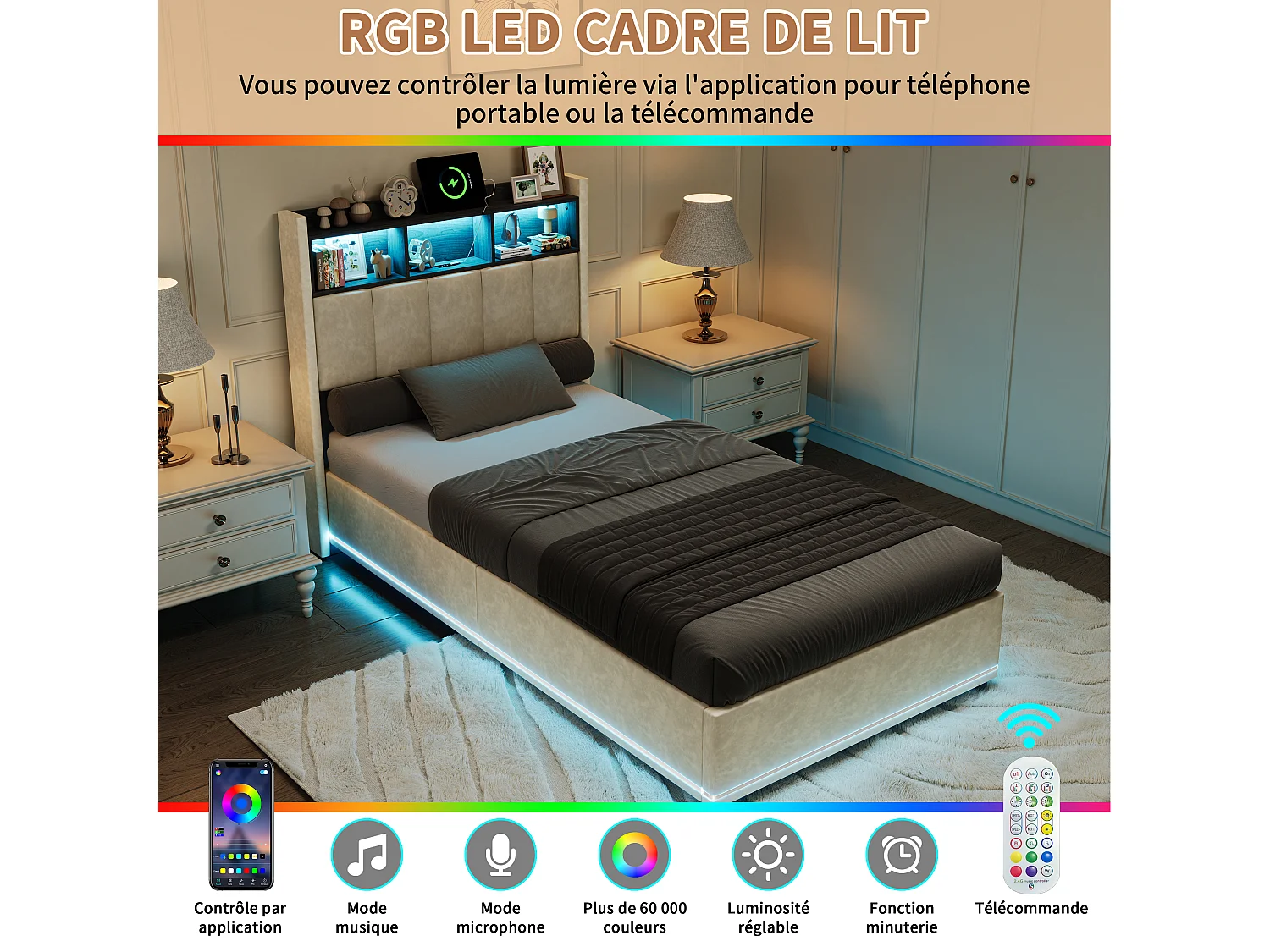 Lit Coffre 90×200 cm, Lit Simple Capitonné avec Rangement, Lit une Place avec éclairage LED Et USB, Lit Rembourré en Velours, LIT Adultes, Adolescents,Velours Beige