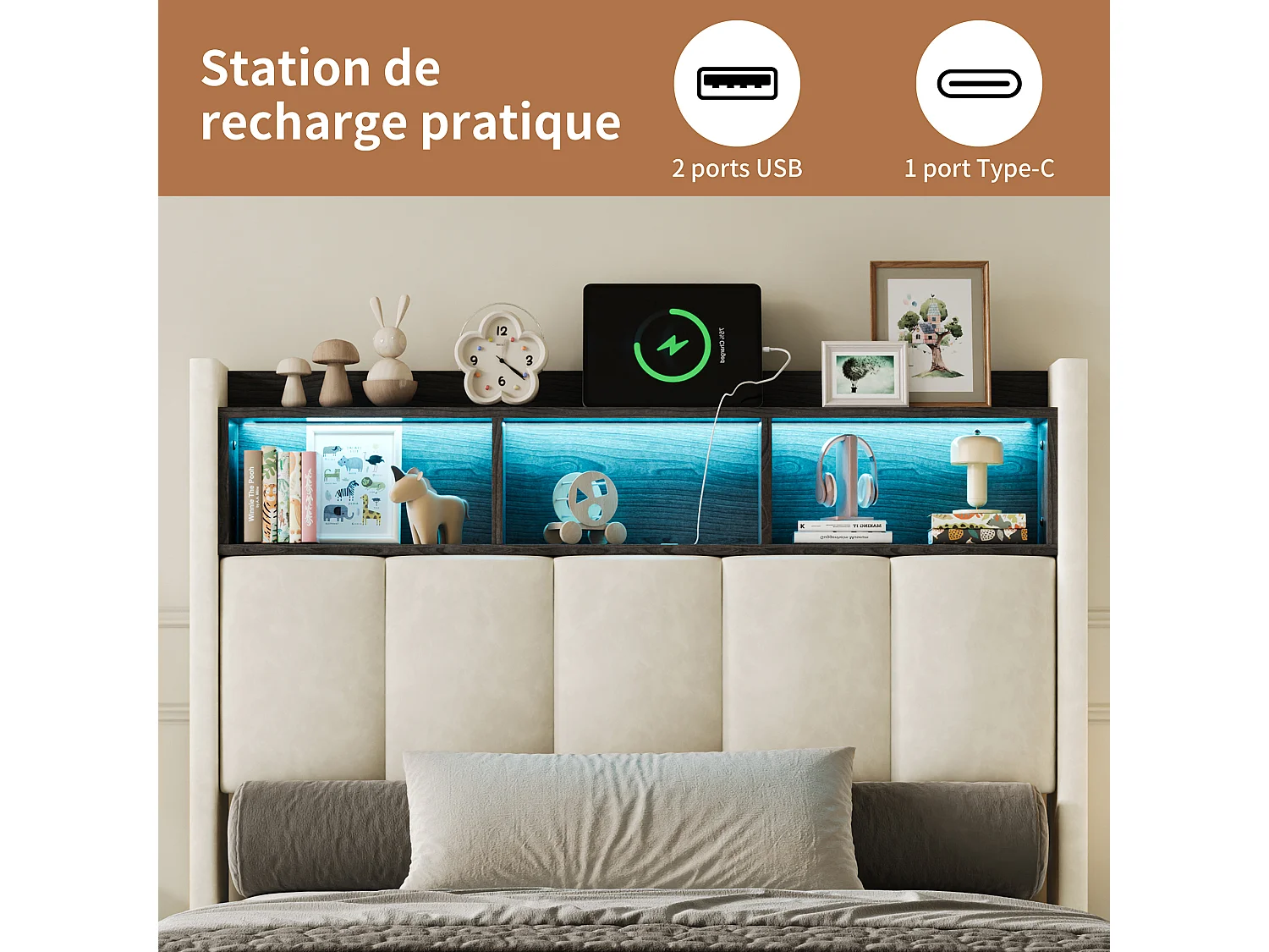 Lit Coffre 90×200 cm, Lit Simple Capitonné avec Rangement, Lit une Place avec éclairage LED Et USB, Lit Rembourré en Velours, LIT Adultes, Adolescents,Velours Beige