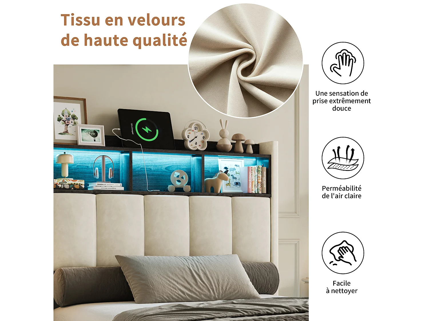 Lit Coffre 90×200 cm, Lit Simple Capitonné avec Rangement, Lit une Place avec éclairage LED Et USB, Lit Rembourré en Velours, LIT Adultes, Adolescents,Velours Beige
