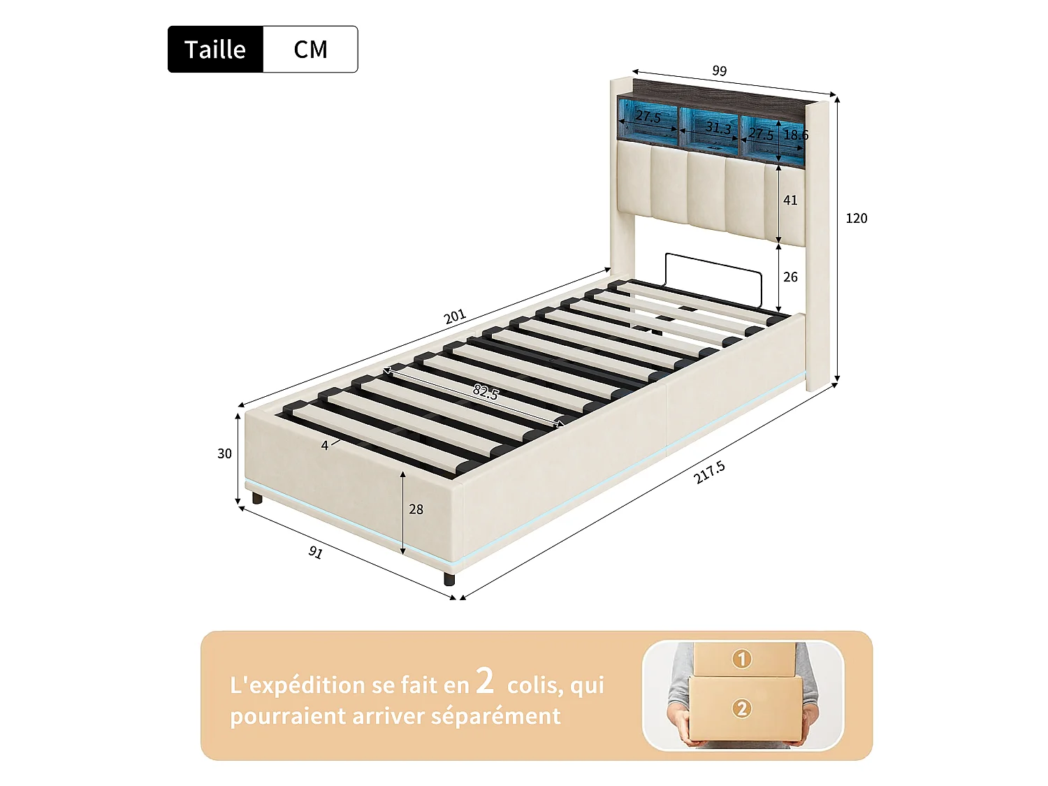 Lit Coffre 90×200 cm, Lit Simple Capitonné avec Rangement, Lit une Place avec éclairage LED Et USB, Lit Rembourré en Velours, LIT Adultes, Adolescents,Velours Beige