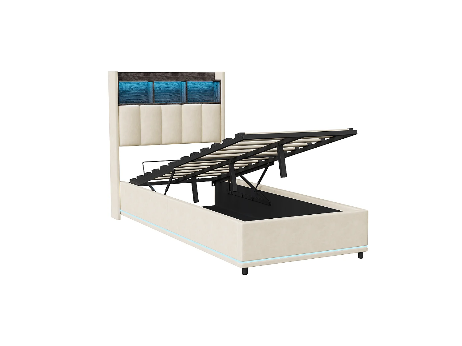 Lit Coffre 90×200 cm, Lit Simple Capitonné avec Rangement, Lit une Place avec éclairage LED Et USB, Lit Rembourré en Velours, LIT Adultes, Adolescents,Velours Beige