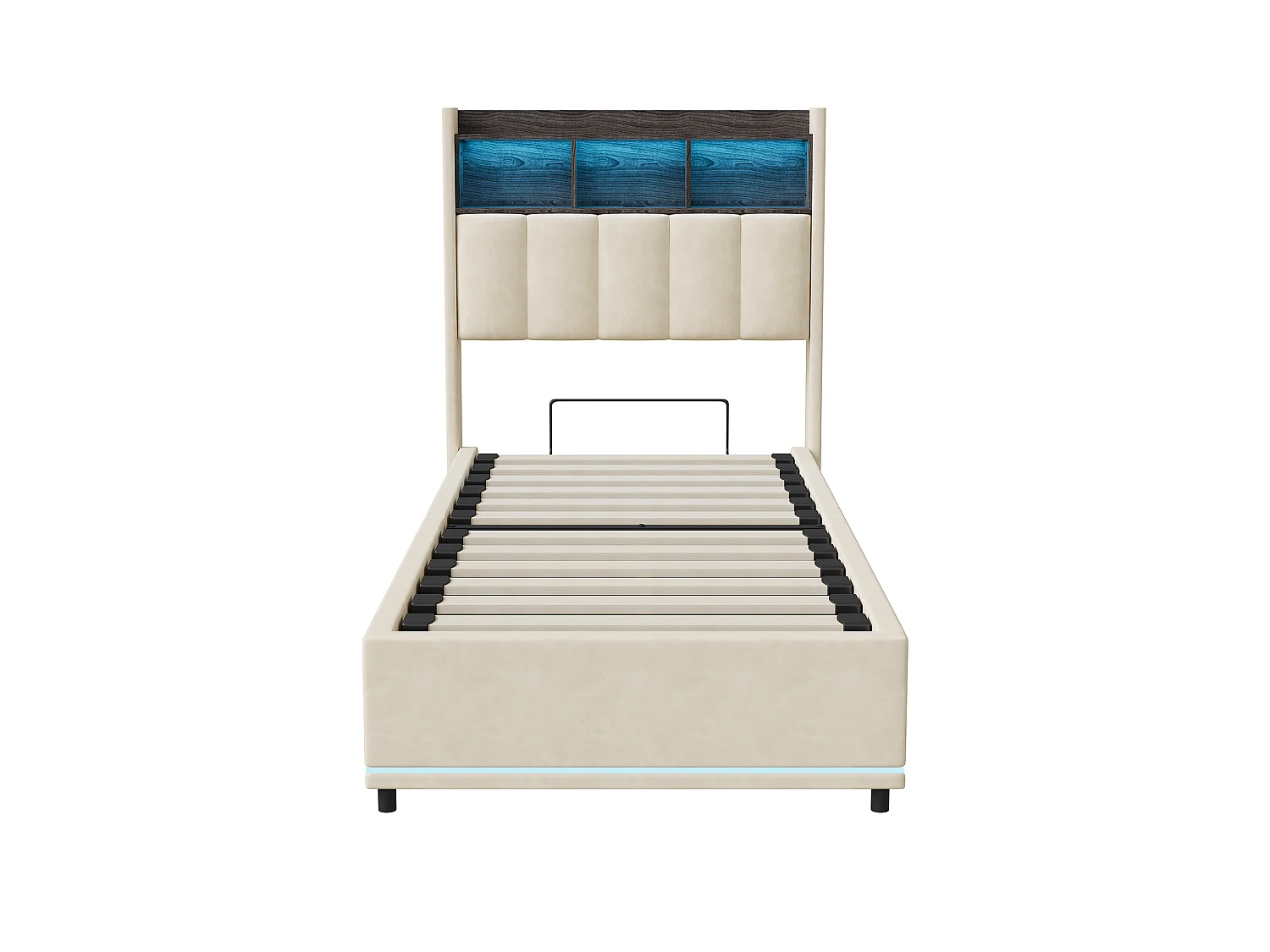 Lit Coffre 90×200 cm, Lit Simple Capitonné avec Rangement, Lit une Place avec éclairage LED Et USB, Lit Rembourré en Velours, LIT Adultes, Adolescents,Velours Beige