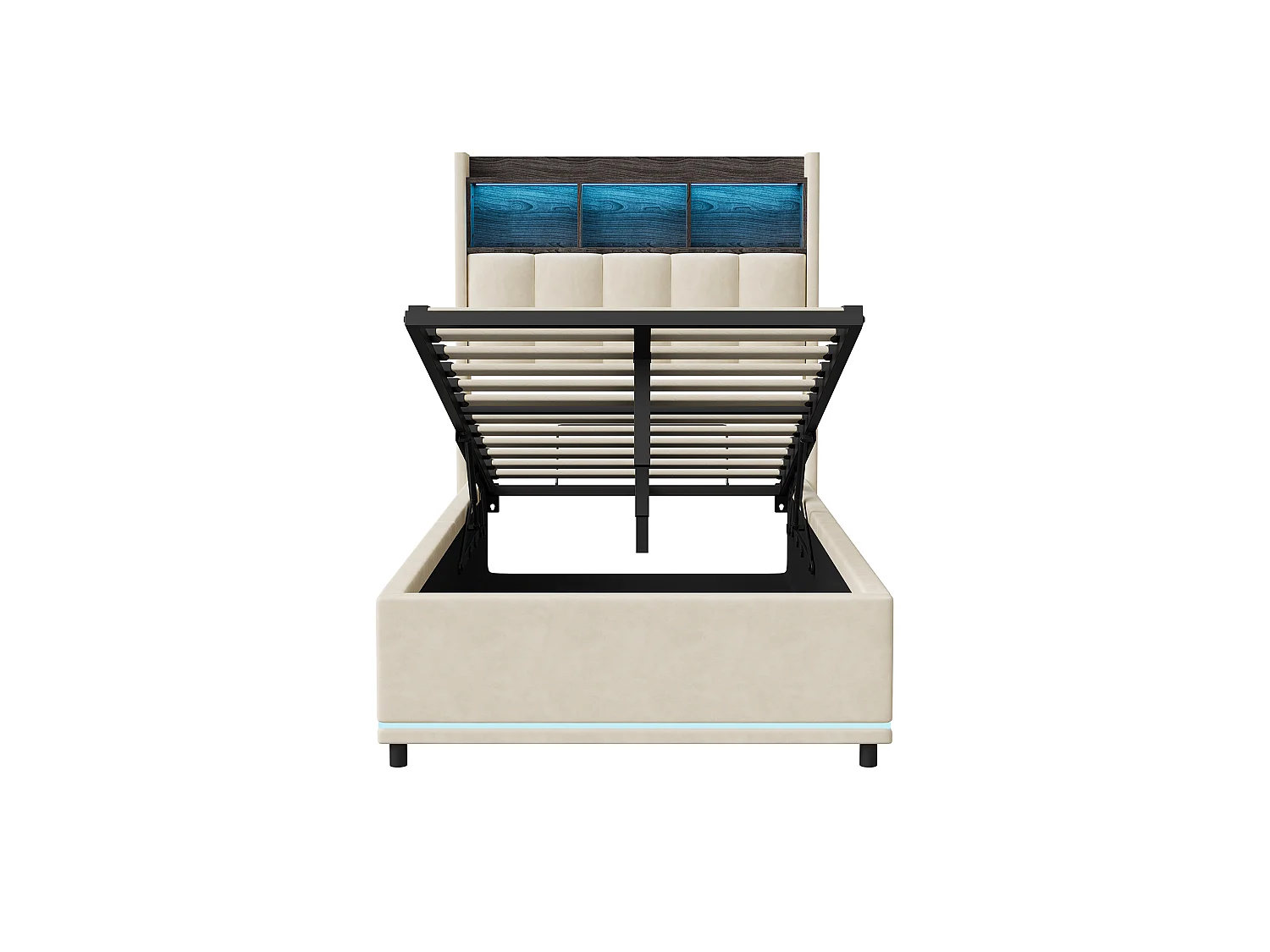Lit Coffre 90×200 cm, Lit Simple Capitonné avec Rangement, Lit une Place avec éclairage LED Et USB, Lit Rembourré en Velours, LIT Adultes, Adolescents,Velours Beige
