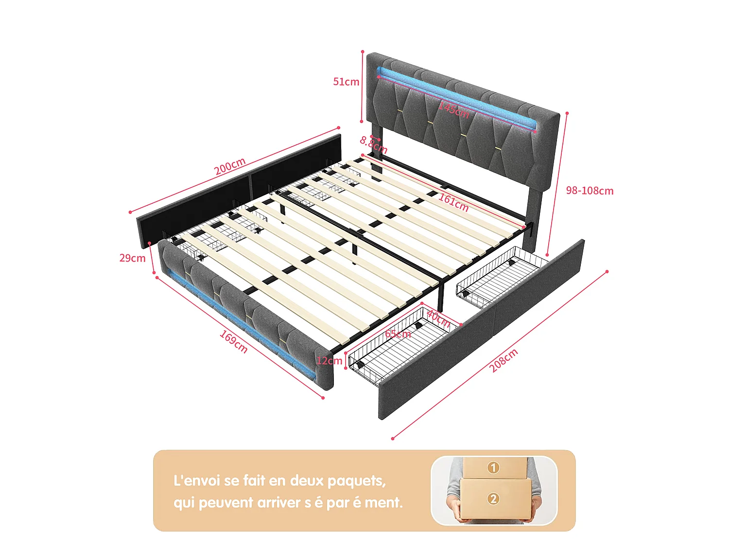 Lit Double Capitonné 140x200cm,lit Double avec Éclairage LED et Charge USB,LIT Adulte avec 4 Tiroirs,lit Coffre avec Sommier à Lattes,Tête De LIt Relevable,Lin Gris