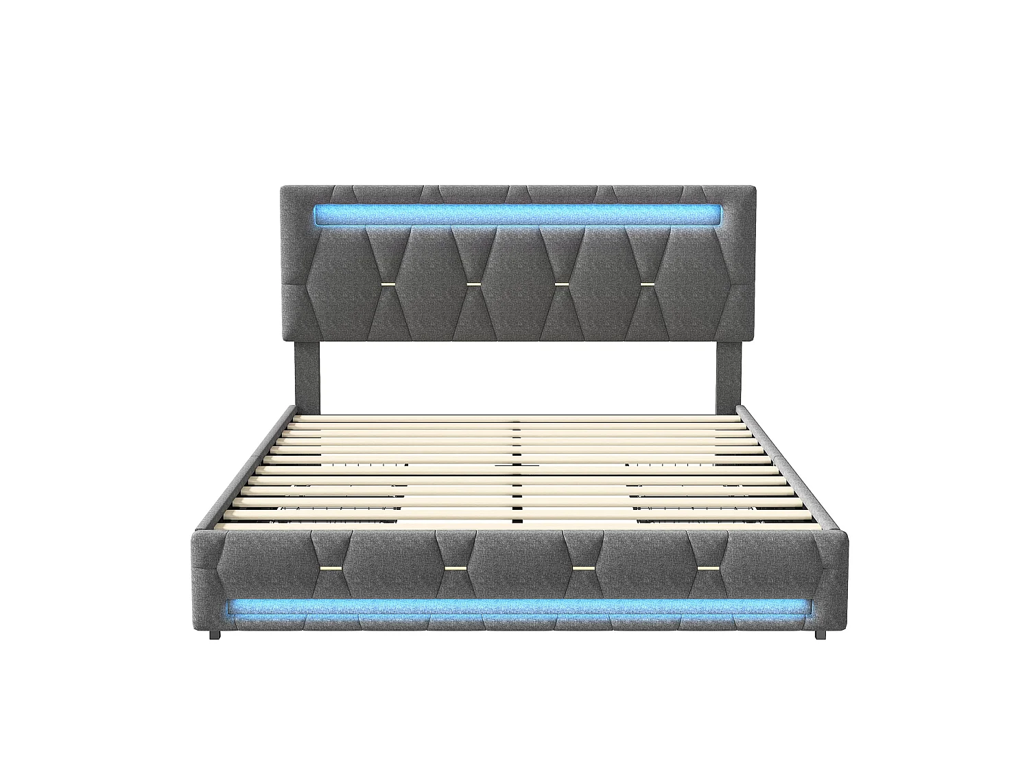 Lit Double Capitonné 140x200cm,lit Double avec Éclairage LED et Charge USB,LIT Adulte avec 4 Tiroirs,lit Coffre avec Sommier à Lattes,Tête De LIt Relevable,Lin Gris