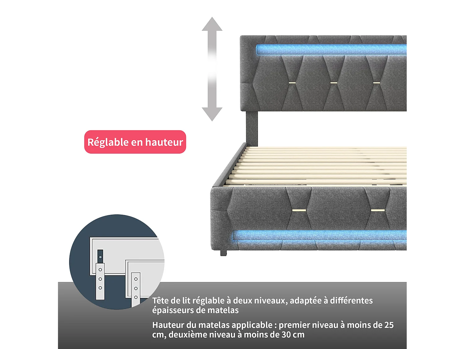 Lit Double Capitonné 140x200cm,lit Double avec Éclairage LED et Charge USB,LIT Adulte avec 4 Tiroirs,lit Coffre avec Sommier à Lattes,Tête De LIt Relevable,Lin Gris