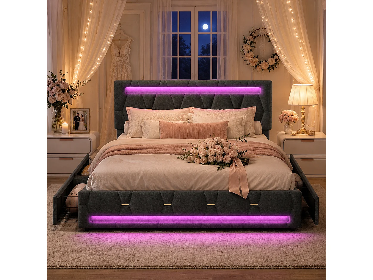 Lit Double Capitonné 140x200cm,lit Double avec Éclairage LED et Charge USB,LIT Adulte avec 4 Tiroirs,lit Coffre avec Sommier à Lattes,Tête De LIt Relevable,Lin Gris