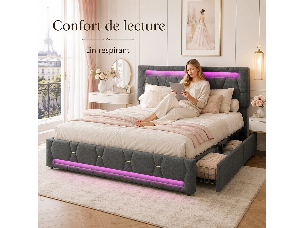 Lit Double Capitonné 140x200cm,lit Double avec Éclairage LED et Charge USB,LIT Adulte avec 4 Tiroirs,lit Coffre avec Sommier à Lattes,Tête De LIt Relevable,Lin Gris
