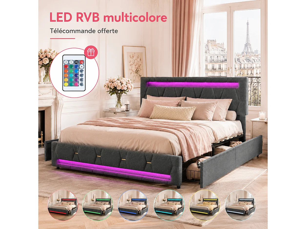 Lit Double Capitonné 140x200cm,lit Double avec Éclairage LED et Charge USB,LIT Adulte avec 4 Tiroirs,lit Coffre avec Sommier à Lattes,Tête De LIt Relevable,Lin Gris