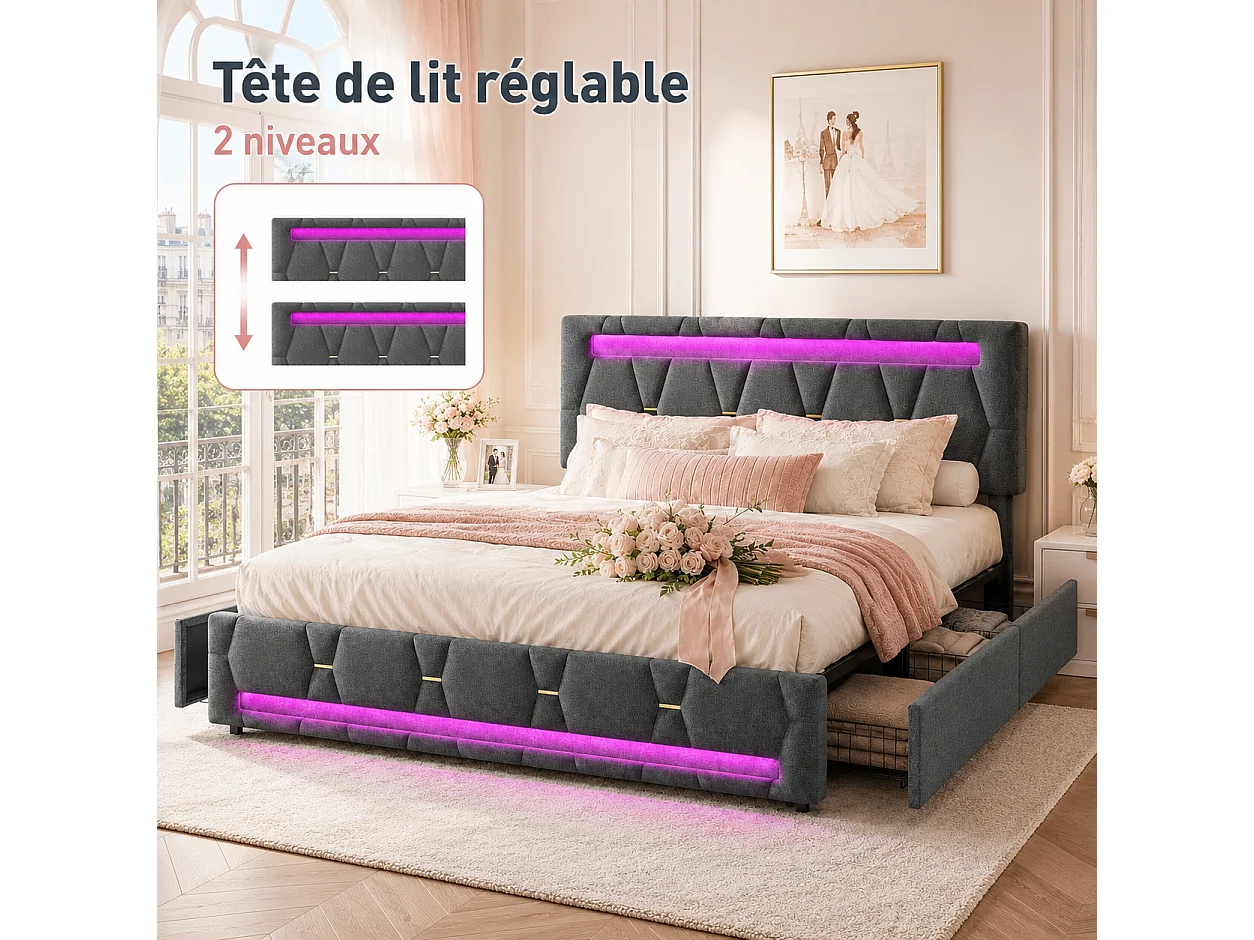 Lit Double Capitonné 140x200cm,lit Double avec Éclairage LED et Charge USB,LIT Adulte avec 4 Tiroirs,lit Coffre avec Sommier à Lattes,Tête De LIt Relevable,Lin Gris