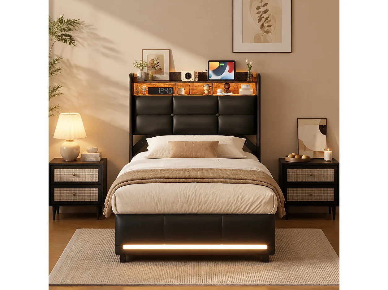 Lit Coffre 90x200 cm avec Tête de Lit Rangement LED USB, Lit Simple Capitonnée PU Noir pour Adultes Ado, Cadre métal, Sommier à Lattes en Bois