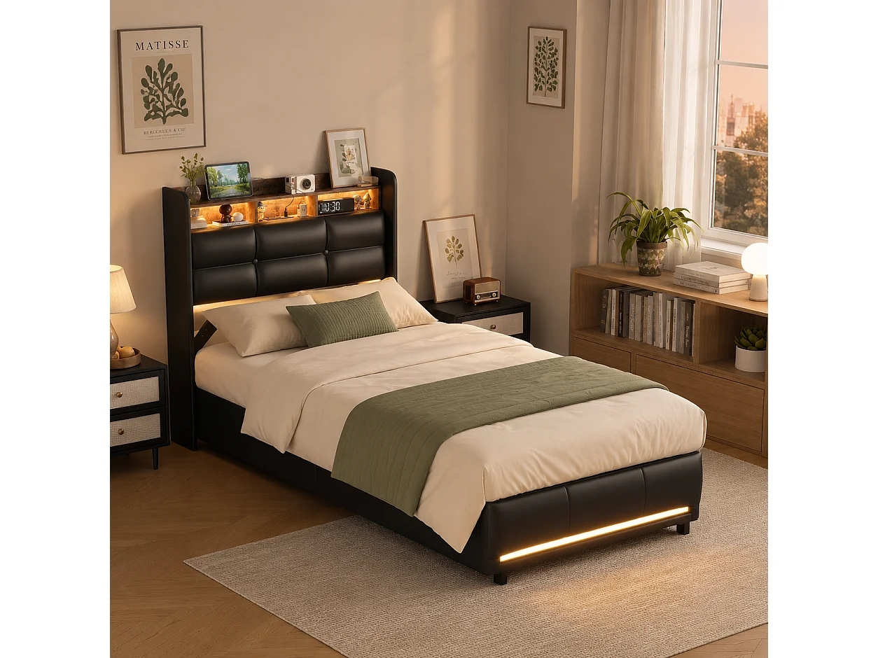 Lit Coffre 90x200 cm avec Tête de Lit Rangement LED USB, Lit Simple Capitonnée PU Noir pour Adultes Ado, Cadre métal, Sommier à Lattes en Bois