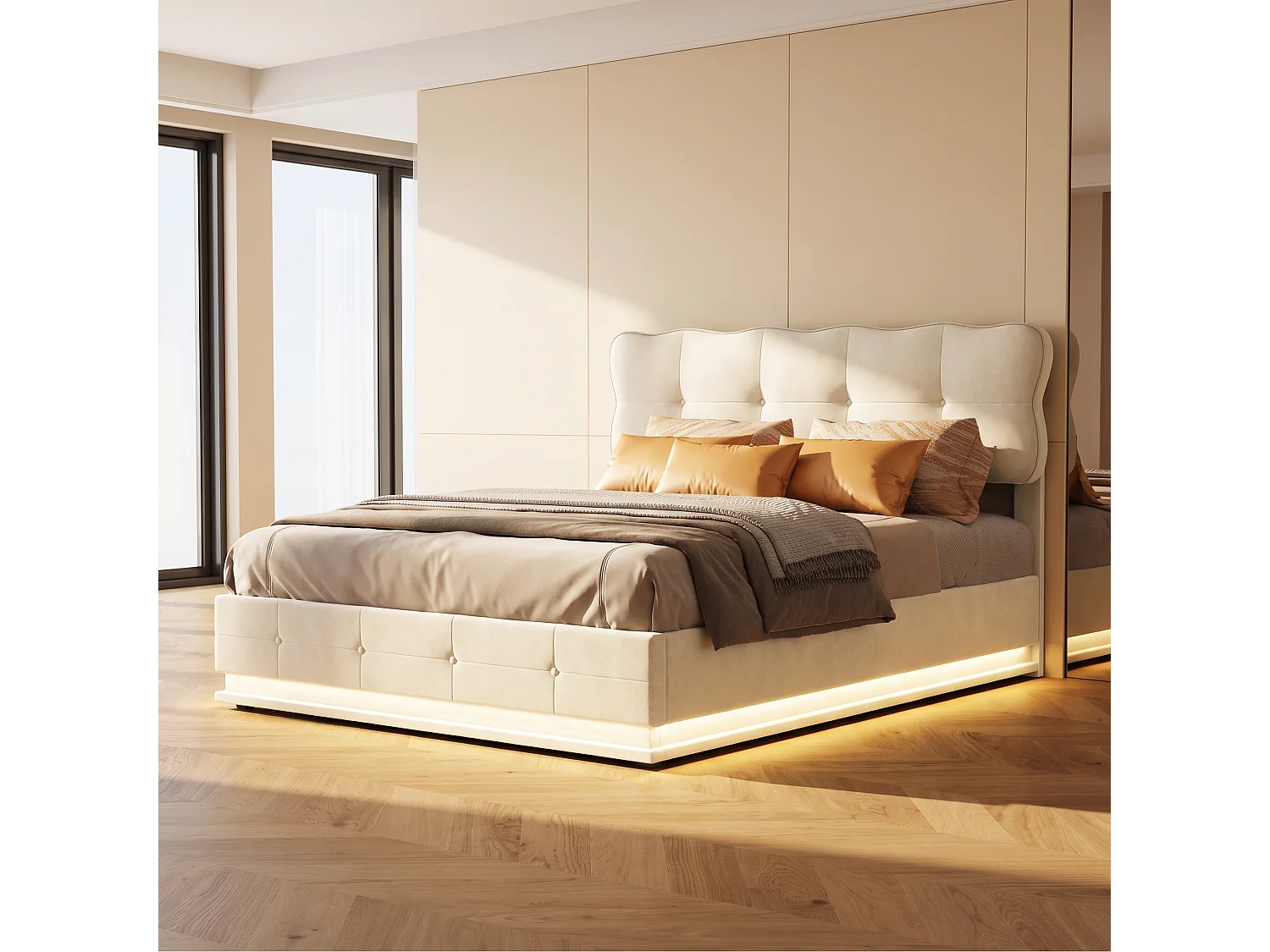 Lit double 160x200 avec rangement - Lit coffre avec LED - Lit 160x200 avec sommier - lit 2 personnes - Velours beige