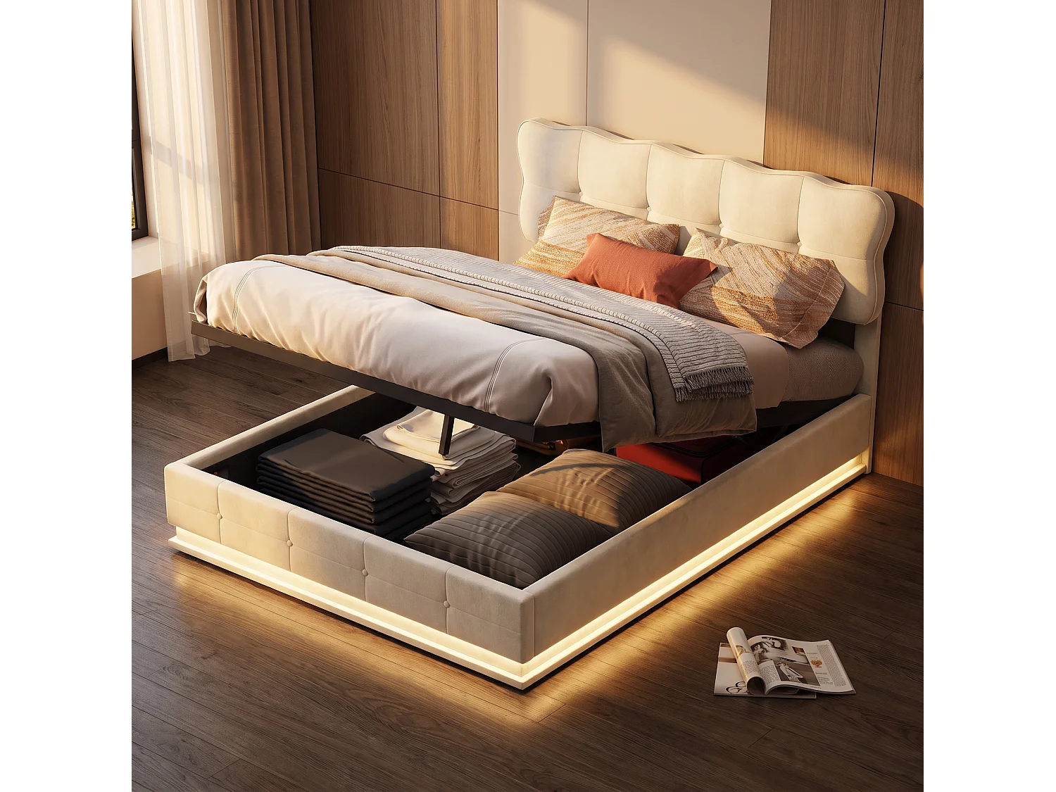 Lit double 160x200 avec rangement - Lit coffre avec LED - Lit 160x200 avec sommier - lit 2 personnes - Velours beige