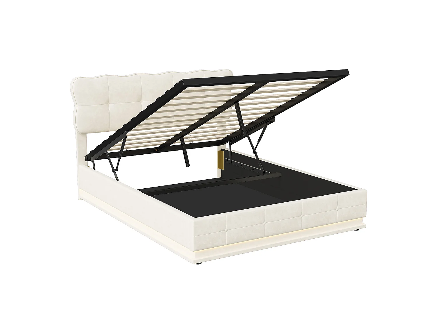 Lit double 160x200 avec rangement - Lit coffre avec LED - Lit 160x200 avec sommier - lit 2 personnes - Velours beige