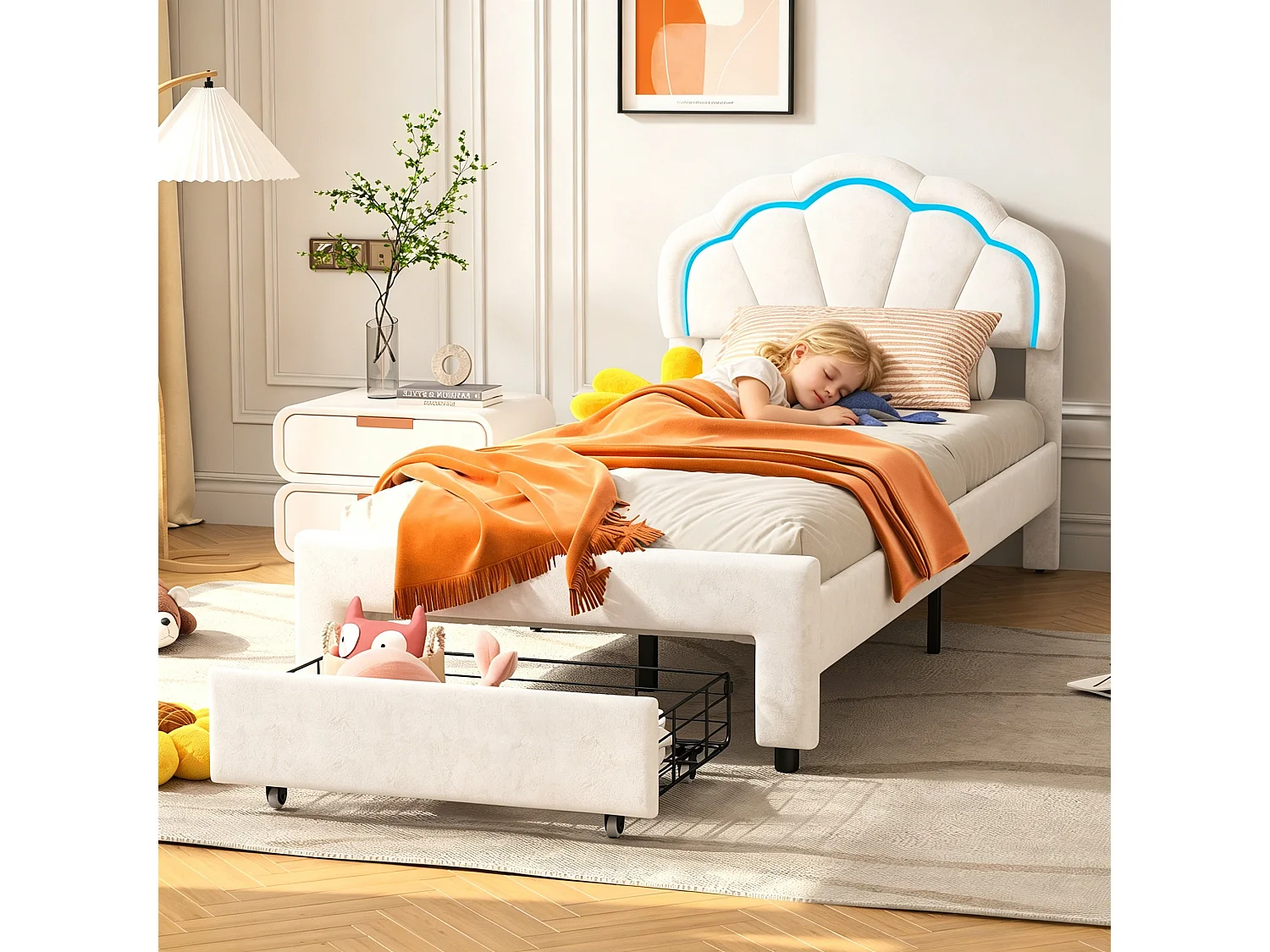 Lit capitonné 90x200 cm, avec tête de lit LED et 1 tiroir, lit simple, avec tête de lit en forme de fleur et sommier à lattes, lit pour enfant, fille, Velours Blanc