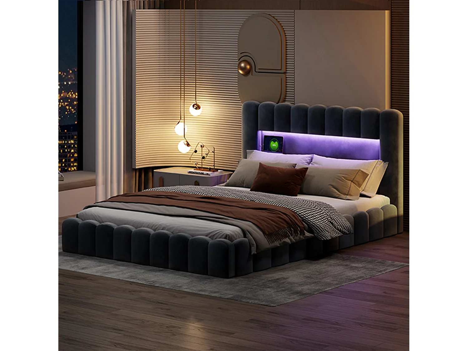 Lit Coffre Bubble 180x200 cm, lit double rembourré avec éclairage LED et USB, lit hydraulique avec sommier et tête de lit,lit pour adolescent Velours Gris
