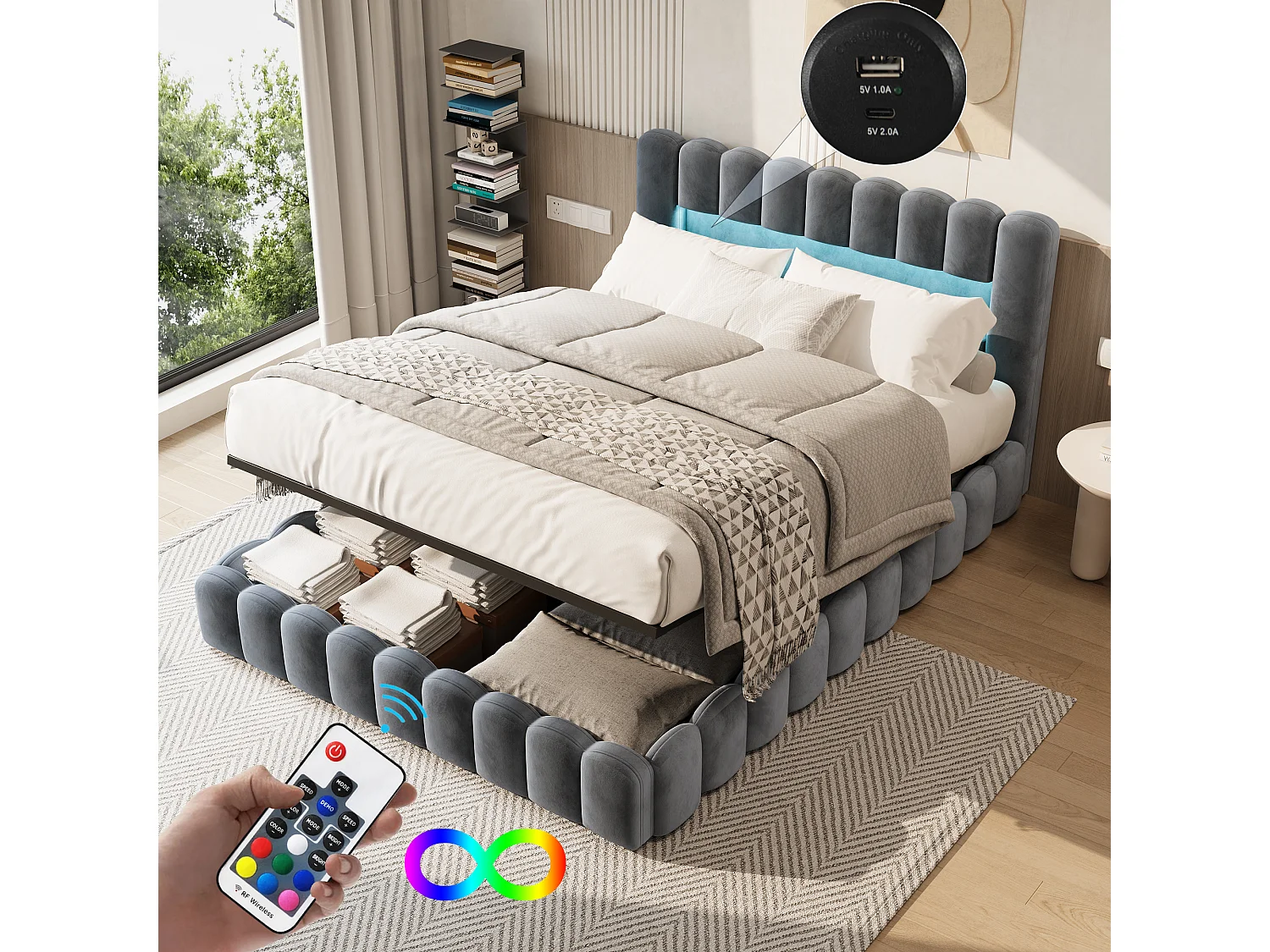Lit Coffre Bubble 180x200 cm, lit double rembourré avec éclairage LED et USB, lit hydraulique avec sommier et tête de lit,lit pour adolescent Velours Gris