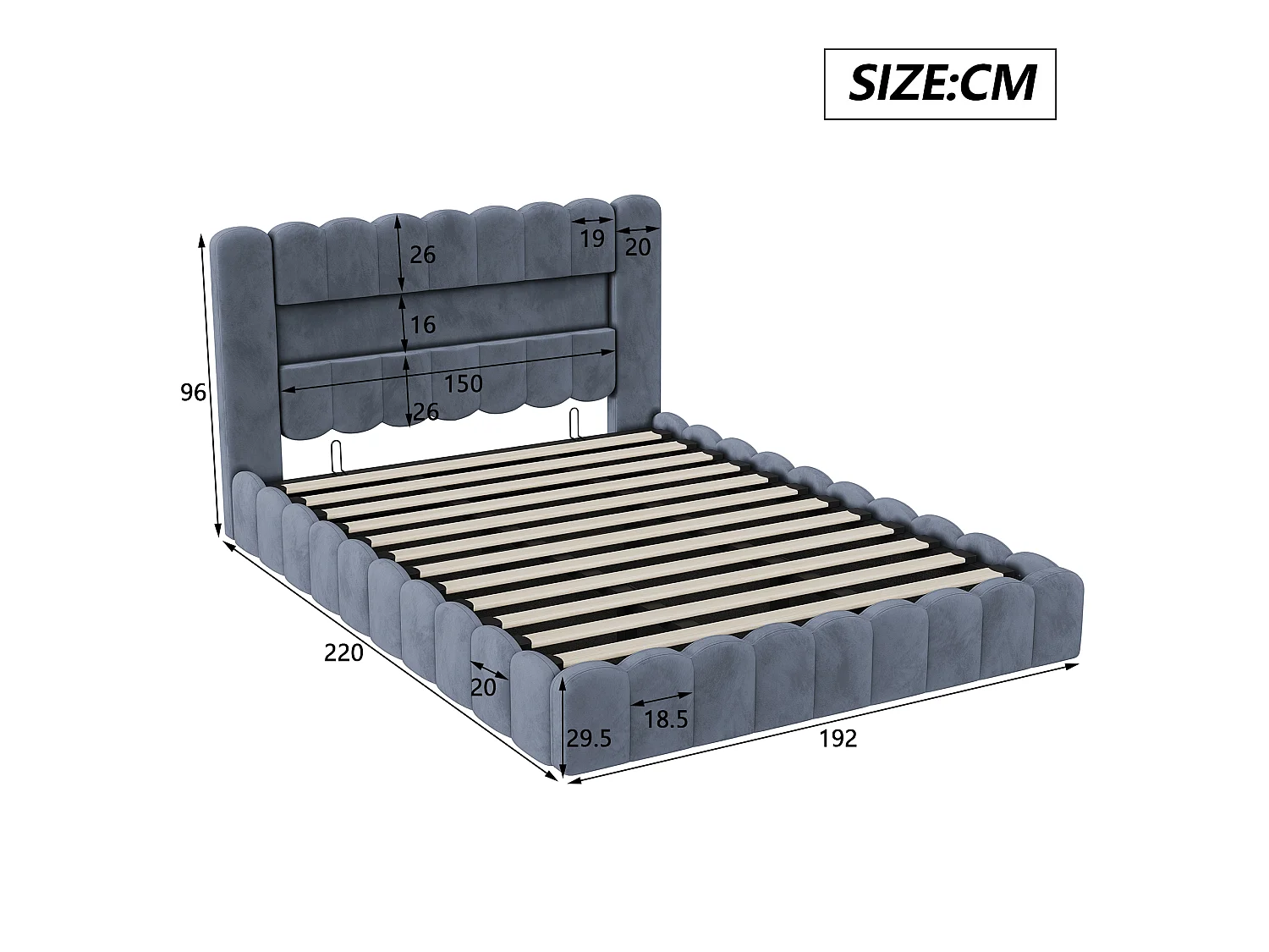 Lit Coffre Bubble 180x200 cm, lit double rembourré avec éclairage LED et USB, lit hydraulique avec sommier et tête de lit,lit pour adolescent Velours Gris