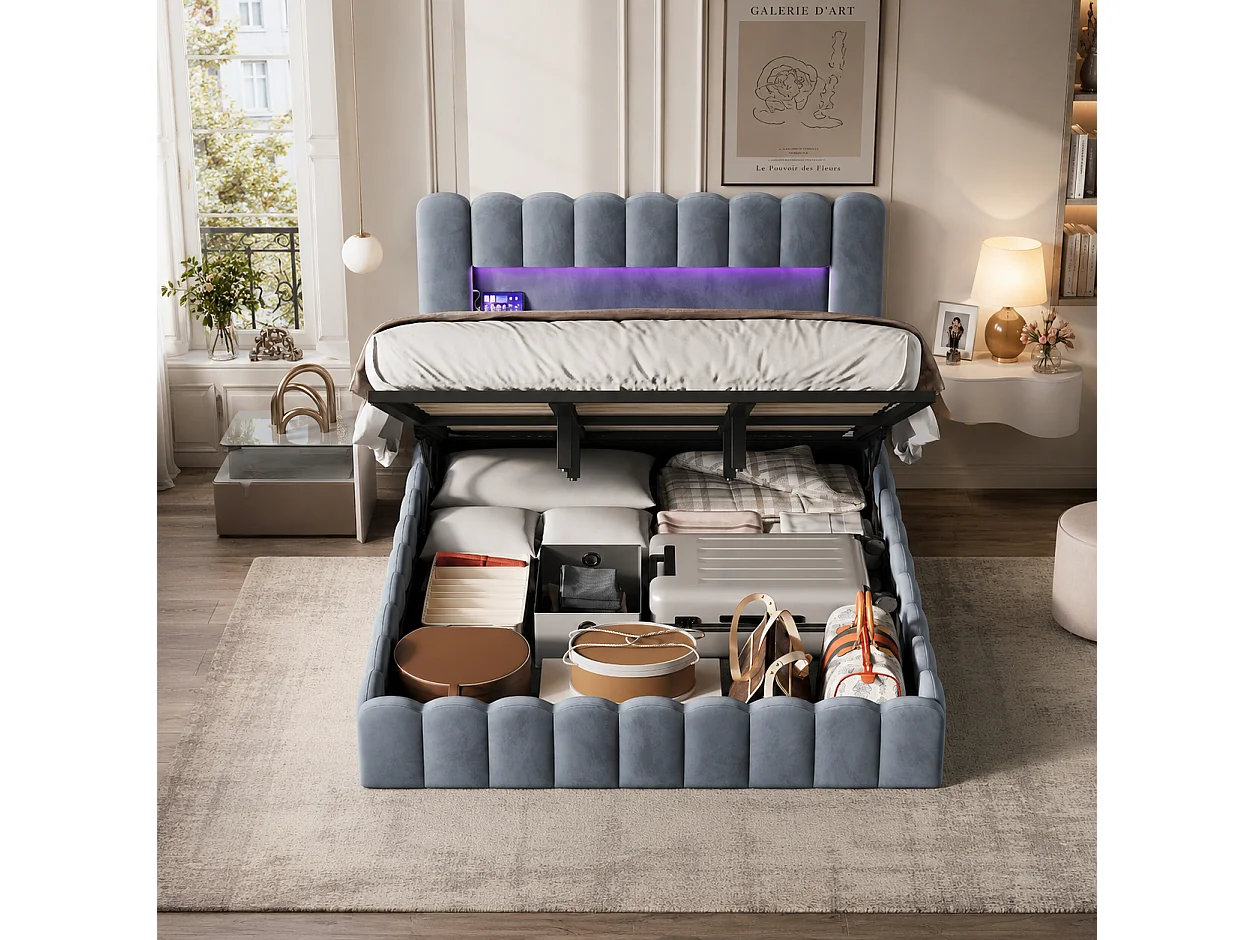 Lit Coffre Bubble 180x200 cm, lit double rembourré avec éclairage LED et USB, lit hydraulique avec sommier et tête de lit,lit pour adolescent Velours Gris