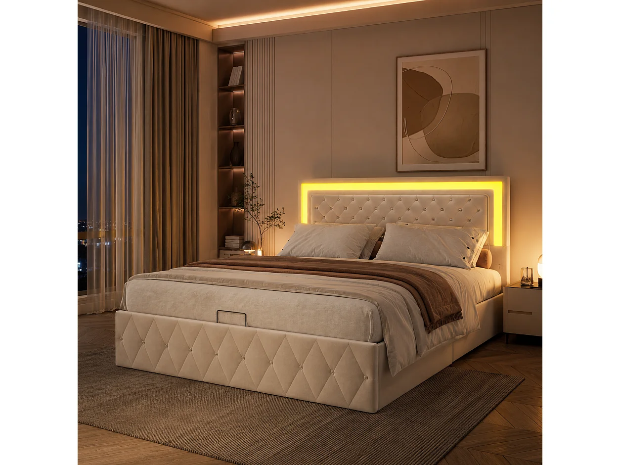 Lit coffre 140x200 cm, Lit double rembourré avec LED, tête de lit réglable, avec rangement, lit pour adultes adolescents avec sommier à lattes, Velours Beige