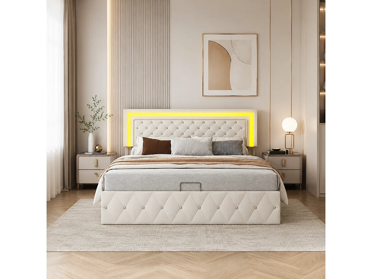 Lit coffre 140x200 cm, Lit double rembourré avec LED, tête de lit réglable, avec rangement, lit pour adultes adolescents avec sommier à lattes, Velours Beige