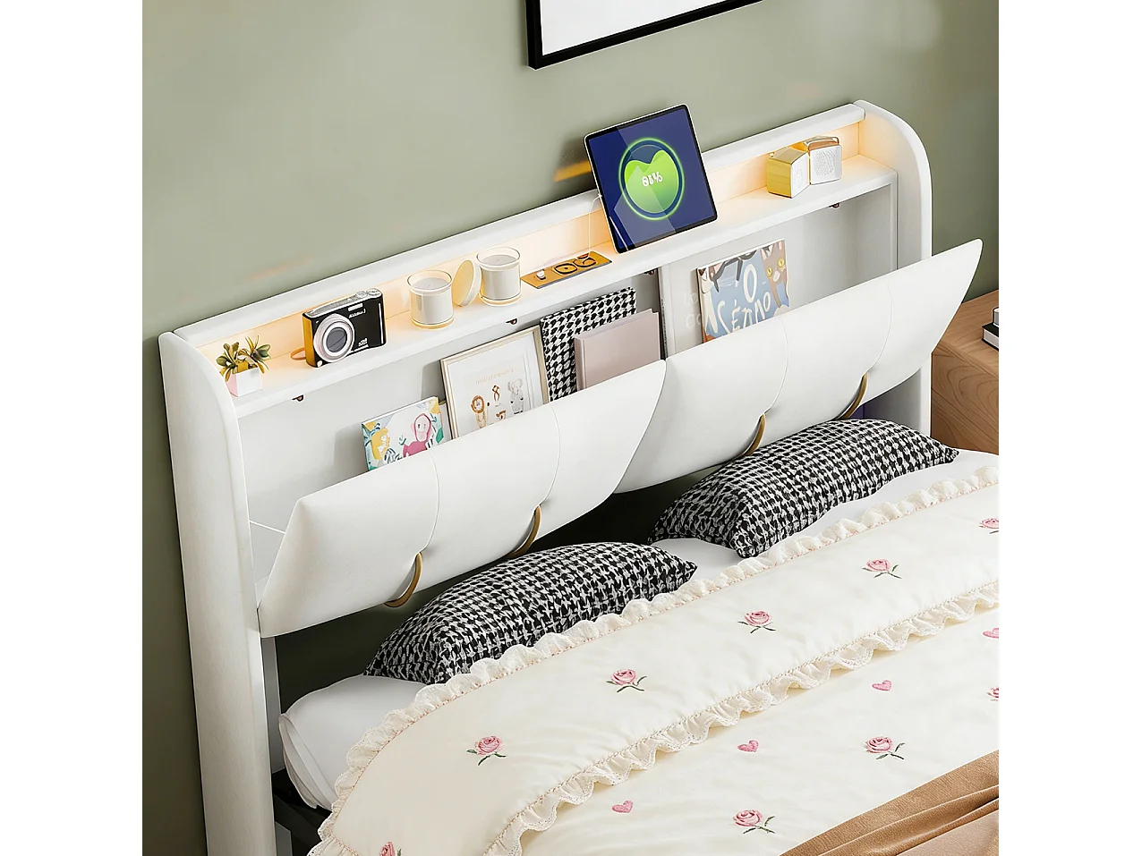 Lit Coffre 160x200 cm, Lit Double avec USB et Éclairage LED, Lit Hydraulique avec Tiroir de Rangement, LIT Adulte avec Sommier à Lattes, Velours Beige