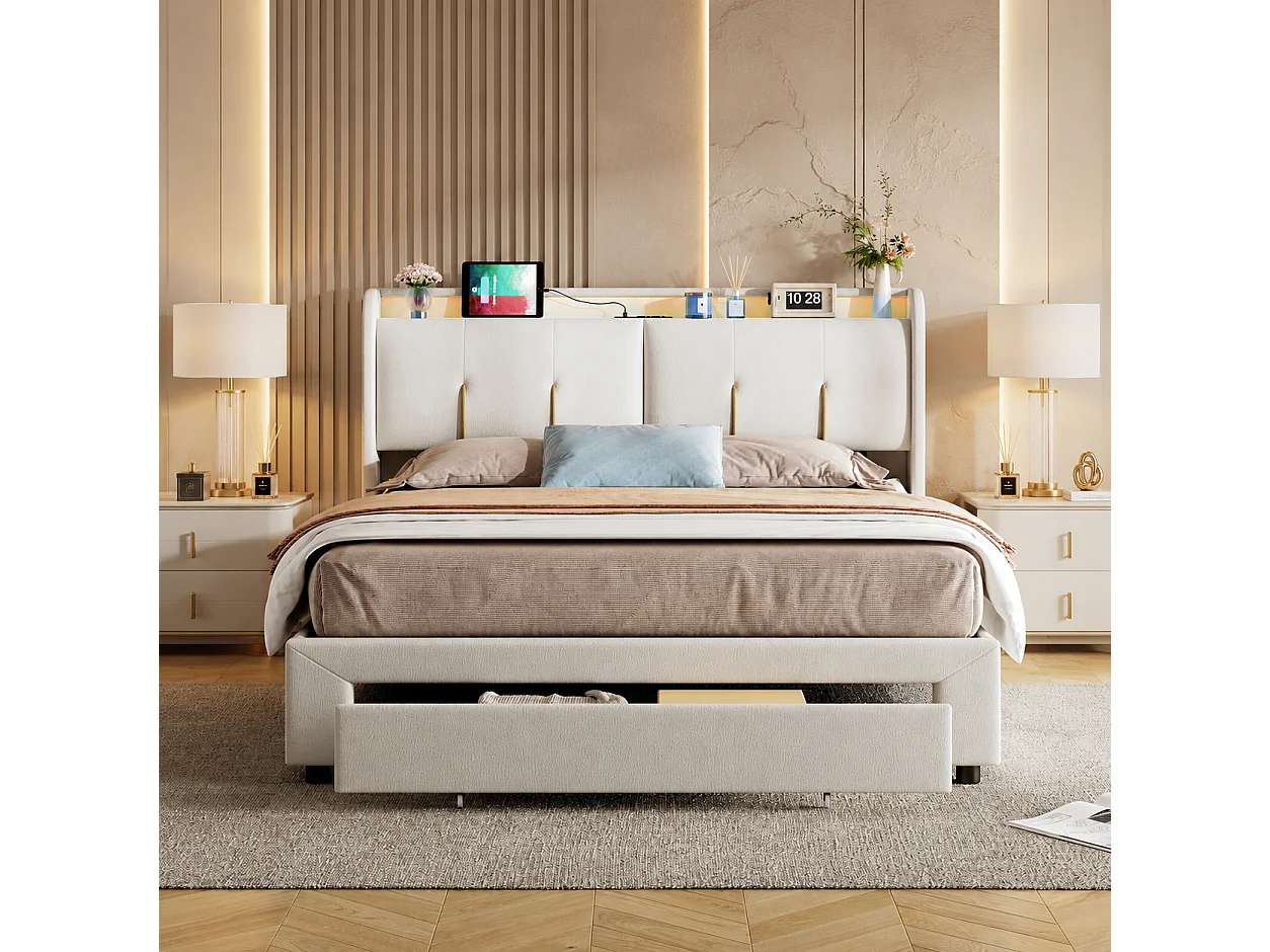 Lit Coffre 160x200 cm, Lit Double avec USB et Éclairage LED, Lit Hydraulique avec Tiroir de Rangement, LIT Adulte avec Sommier à Lattes, Velours Beige