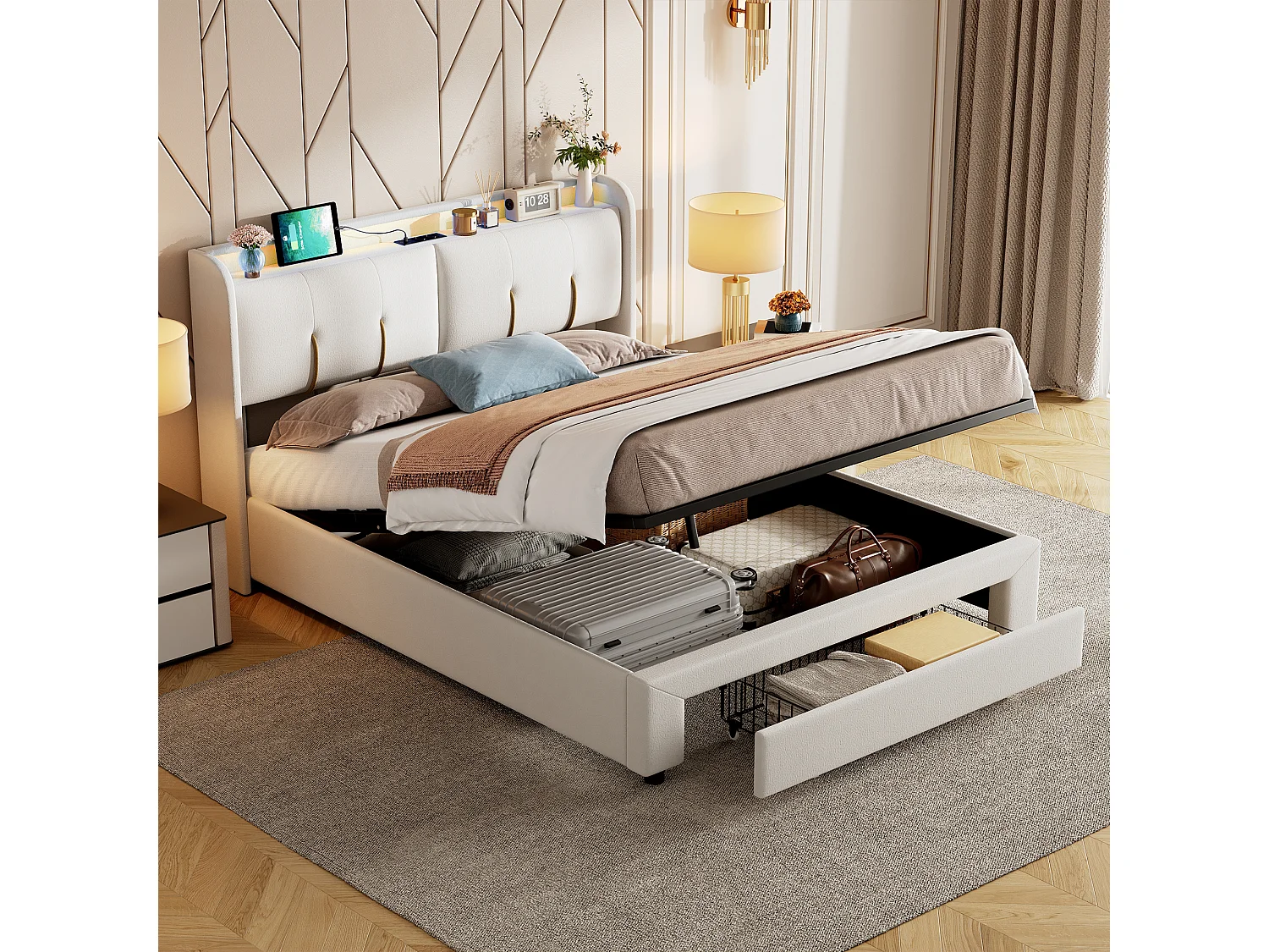 Lit Coffre 140x200 cm, Lit Hydraulique avec Tiroir de Rangement, Lit Double avec USB et Éclairage LED, LIT Adulte avec Sommier à Lattes, Velours Beige