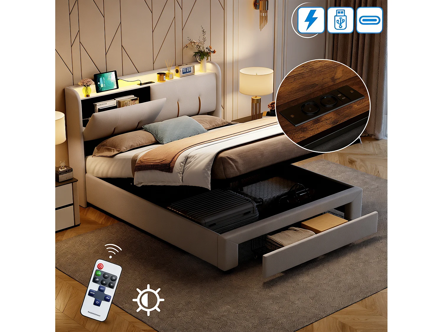 Lit Coffre 140x200 cm, Lit Hydraulique avec Tiroir de Rangement, Lit Double avec USB et Éclairage LED, LIT Adulte avec Sommier à Lattes, Velours Beige