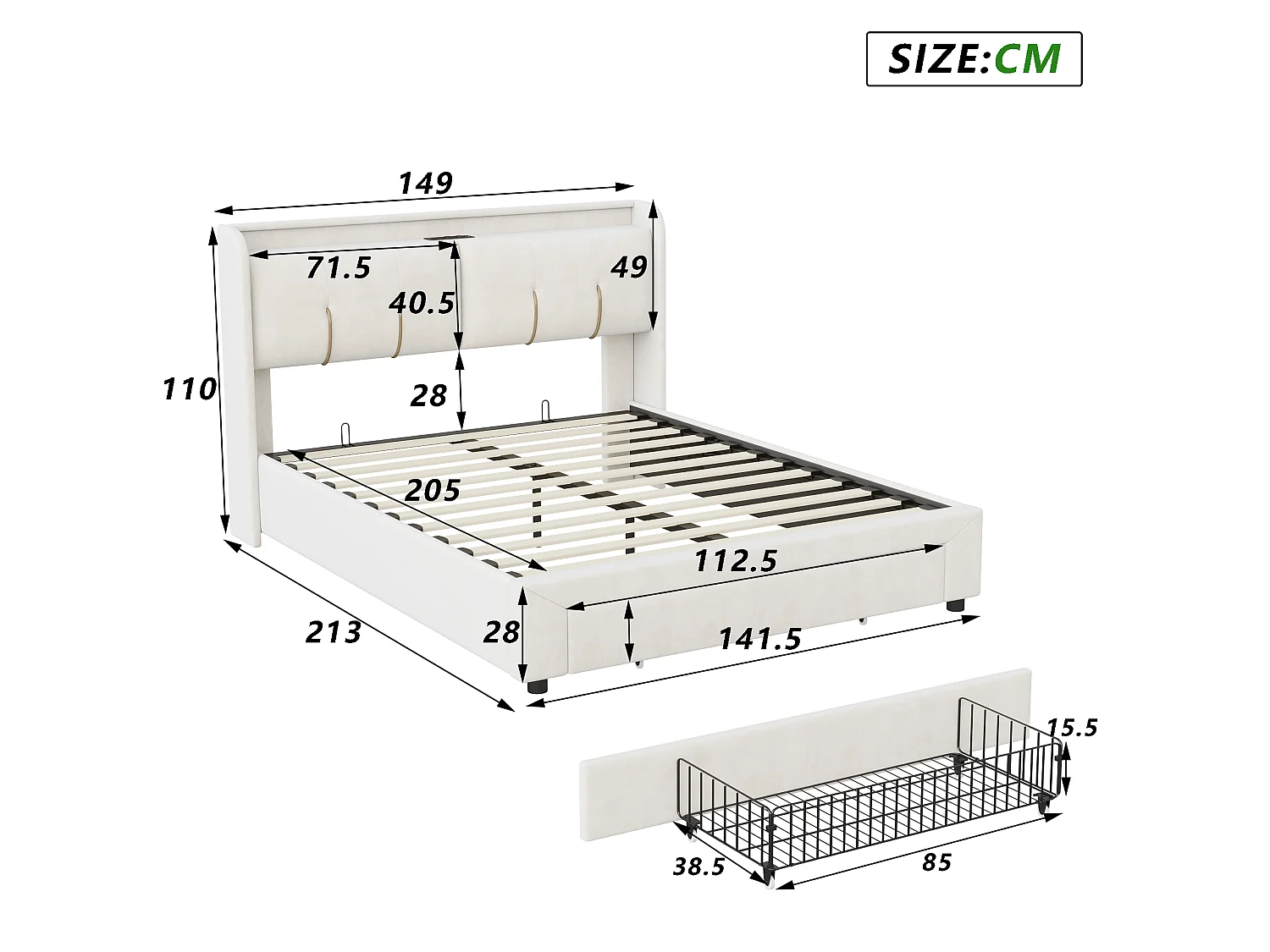Lit Coffre 140x200 cm, Lit Hydraulique avec Tiroir de Rangement, Lit Double avec USB et Éclairage LED, LIT Adulte avec Sommier à Lattes, Velours Beige