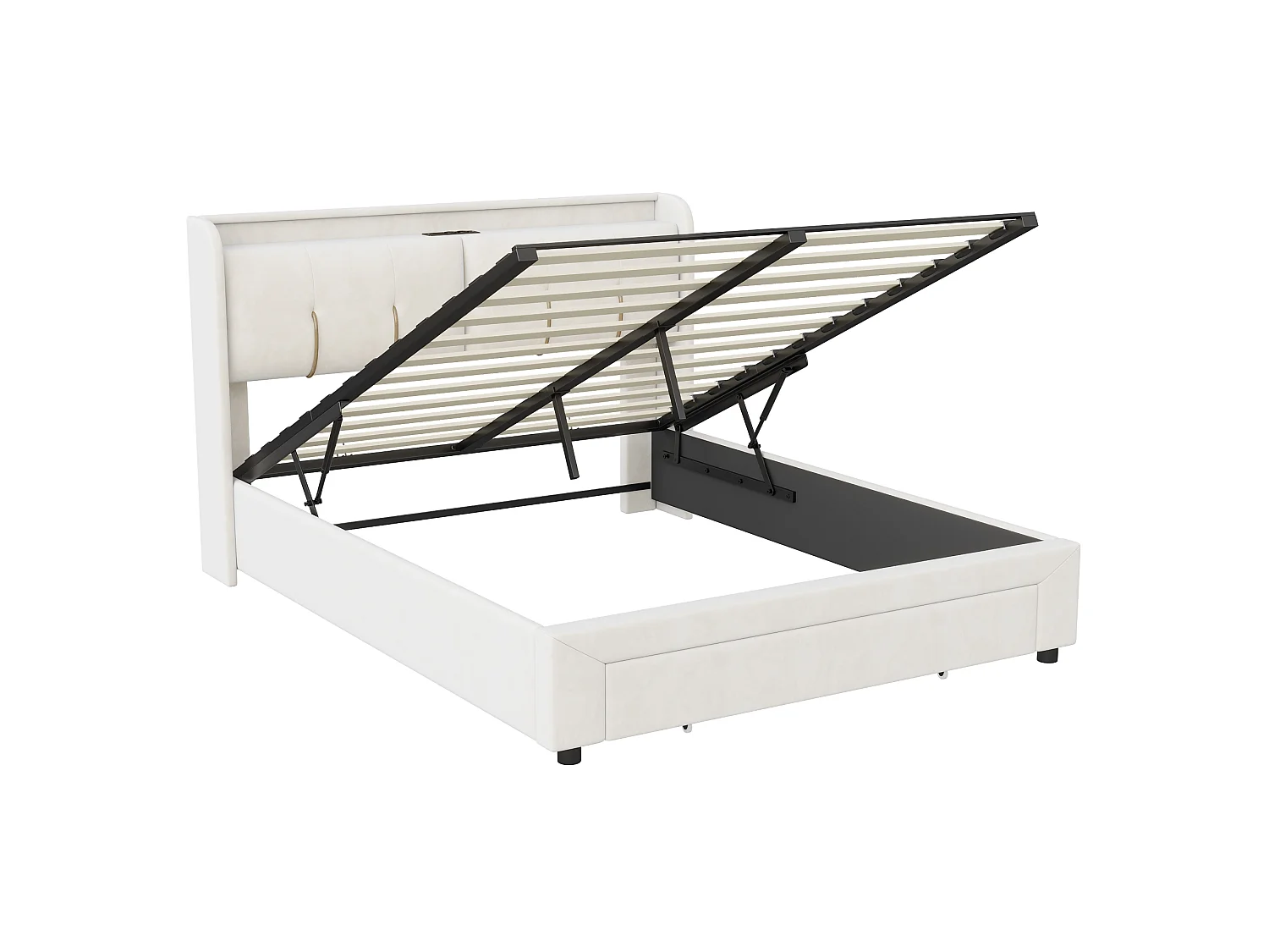 Lit Coffre 140x200 cm, Lit Hydraulique avec Tiroir de Rangement, Lit Double avec USB et Éclairage LED, LIT Adulte avec Sommier à Lattes, Velours Beige