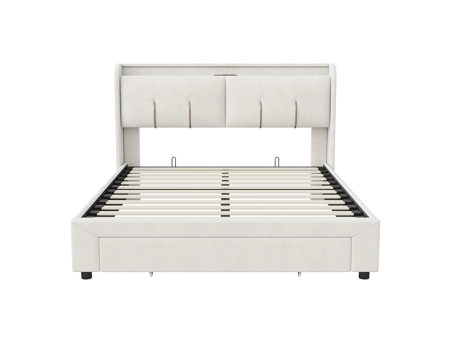 Lit Coffre 140x200 cm, Lit Hydraulique avec Tiroir de Rangement, Lit Double avec USB et Éclairage LED, LIT Adulte avec Sommier à Lattes, Velours Beige