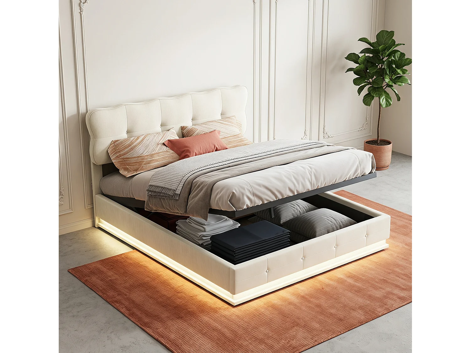 Lit coffre 140x200 cm avec rangement, lit double avec LED, lit adulte avec sommier, lit capitonné velours, Beige