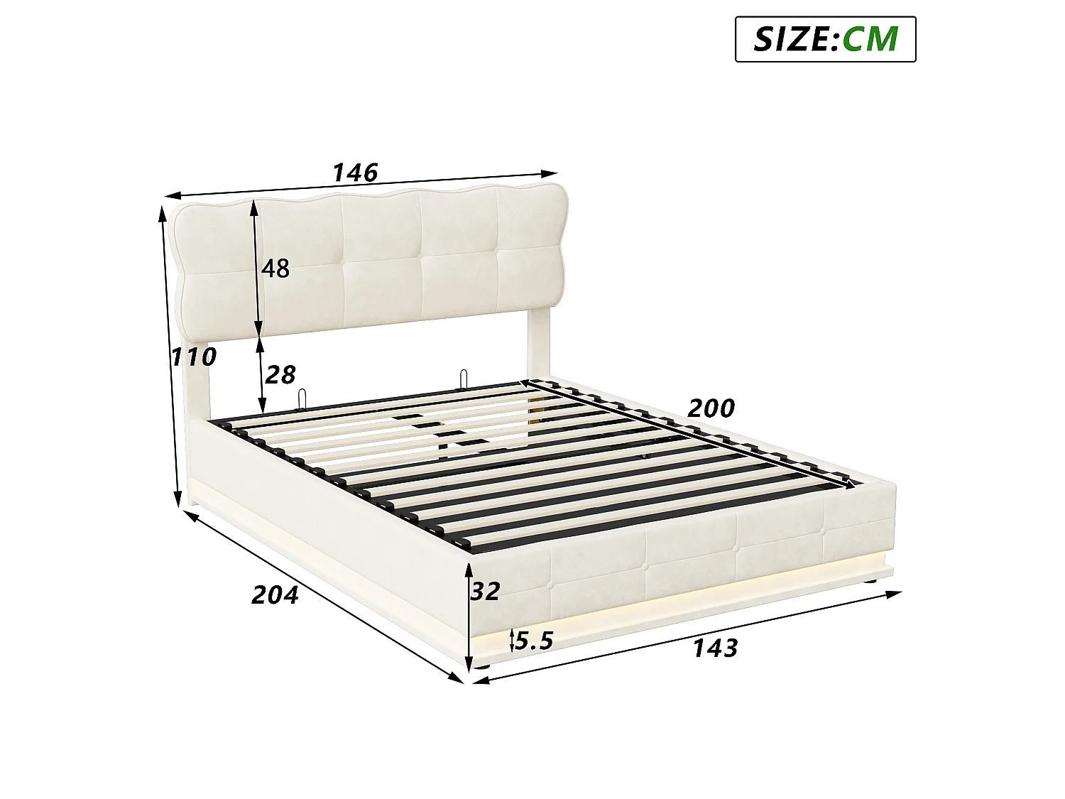 Lit coffre 140x200 cm avec rangement, lit double avec LED, lit adulte avec sommier, lit capitonné velours, Beige