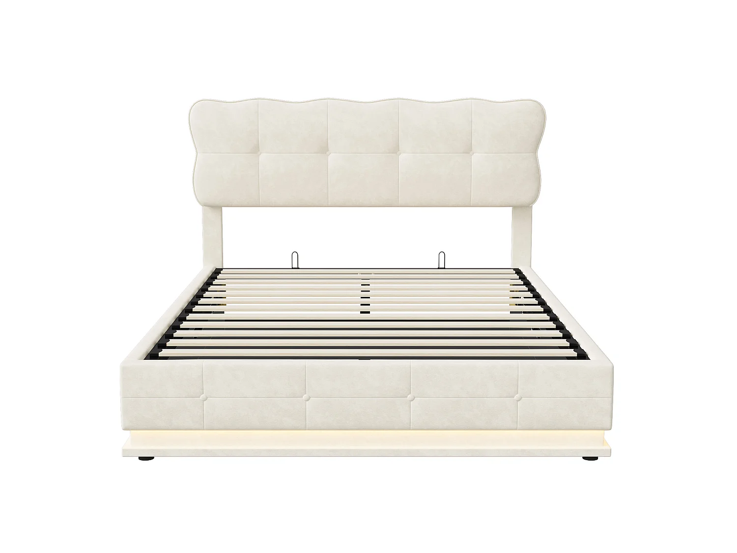 Lit coffre 140x200 cm avec rangement, lit double avec LED, lit adulte avec sommier, lit capitonné velours, Beige