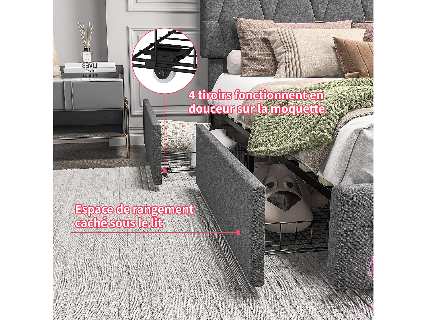 Lit Double Capitonné 160x200cm,lit double avec Éclairage LED et Charge USB,lit Coffre avec 4 Tiroirs,LIT Adulte avec Sommier à Lattes,Tête De LIt Relevable,Lin Gris