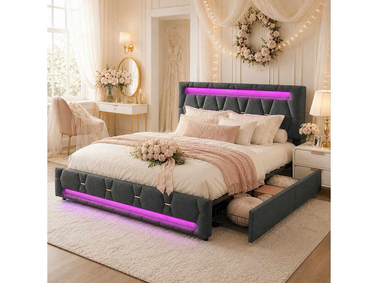 Lit Double Capitonné 160x200cm,lit double avec Éclairage LED et Charge USB,lit Coffre avec 4 Tiroirs,LIT Adulte avec Sommier à Lattes,Tête De LIt Relevable,Lin Gris