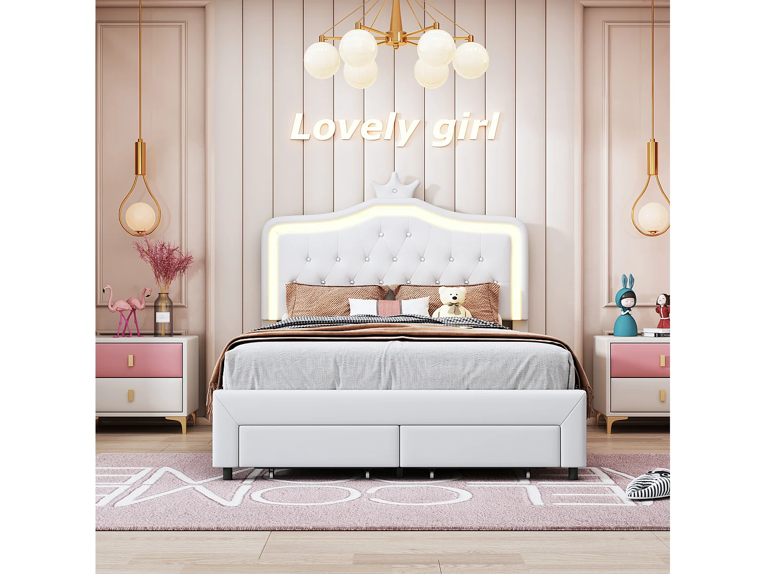 Lit Fille LED 140x200 cm avec 2 Tiroirs de Rangement et Couronne - Lit pour Enfant rembourré, avec Éclairage RGB Réglable, lit double, Cuir PU Blanc